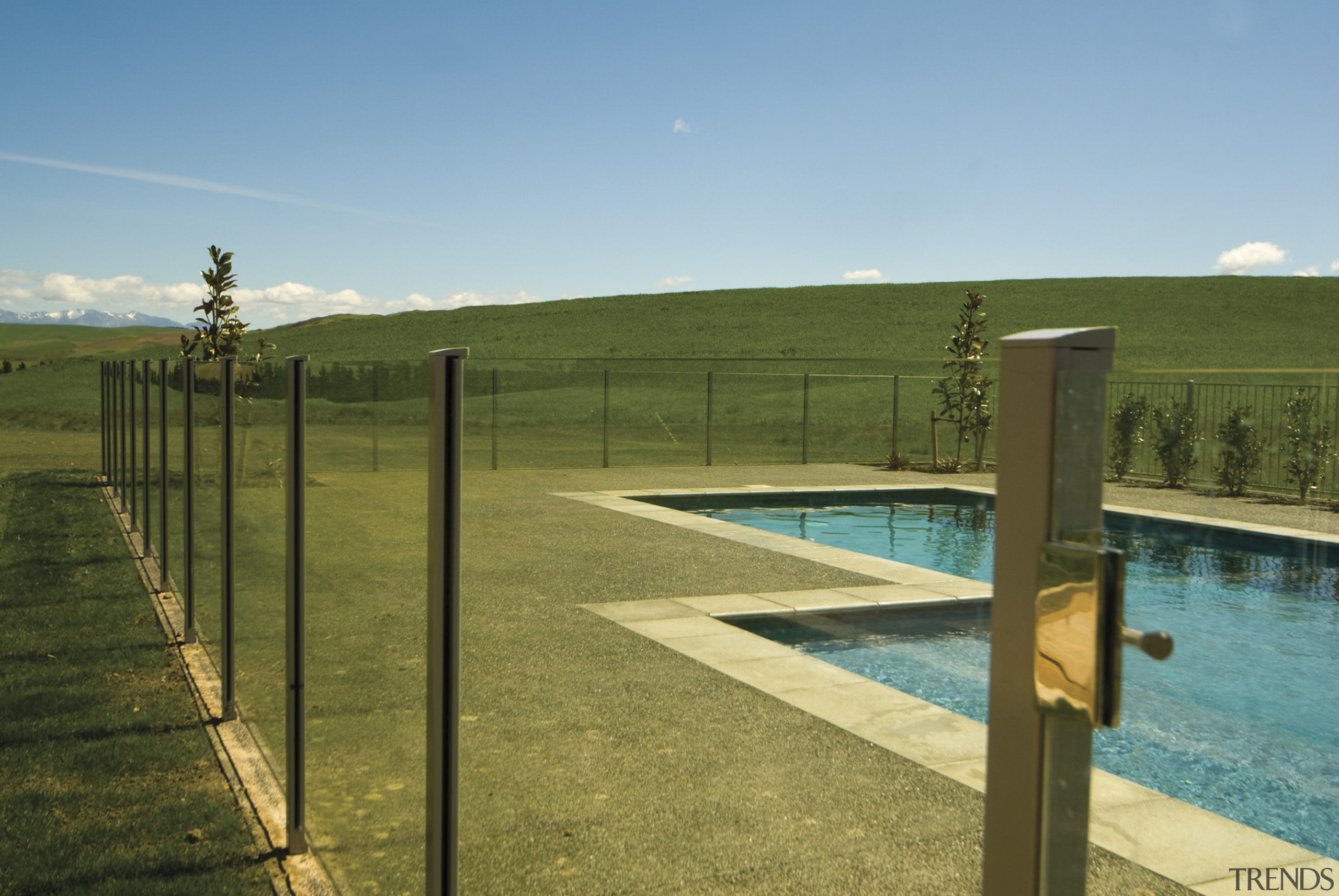 For this house, Warner Fencing &amp; Gates Ltd fence, field, grass, landscape, outdoor structure, sky, brown, teal