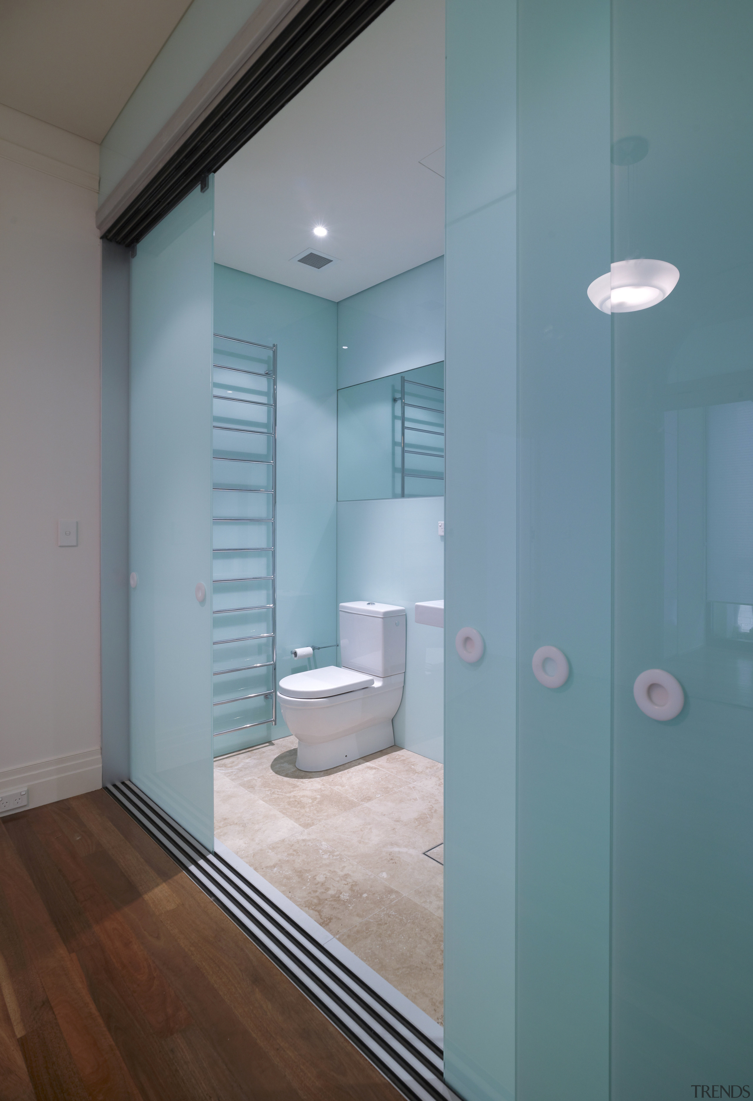 View of penthouse apartment bathroom at restored historic architecture, bathroom, ceiling, daylighting, door, floor, glass, home, house, interior design, lighting, room, wall, window, teal, gray