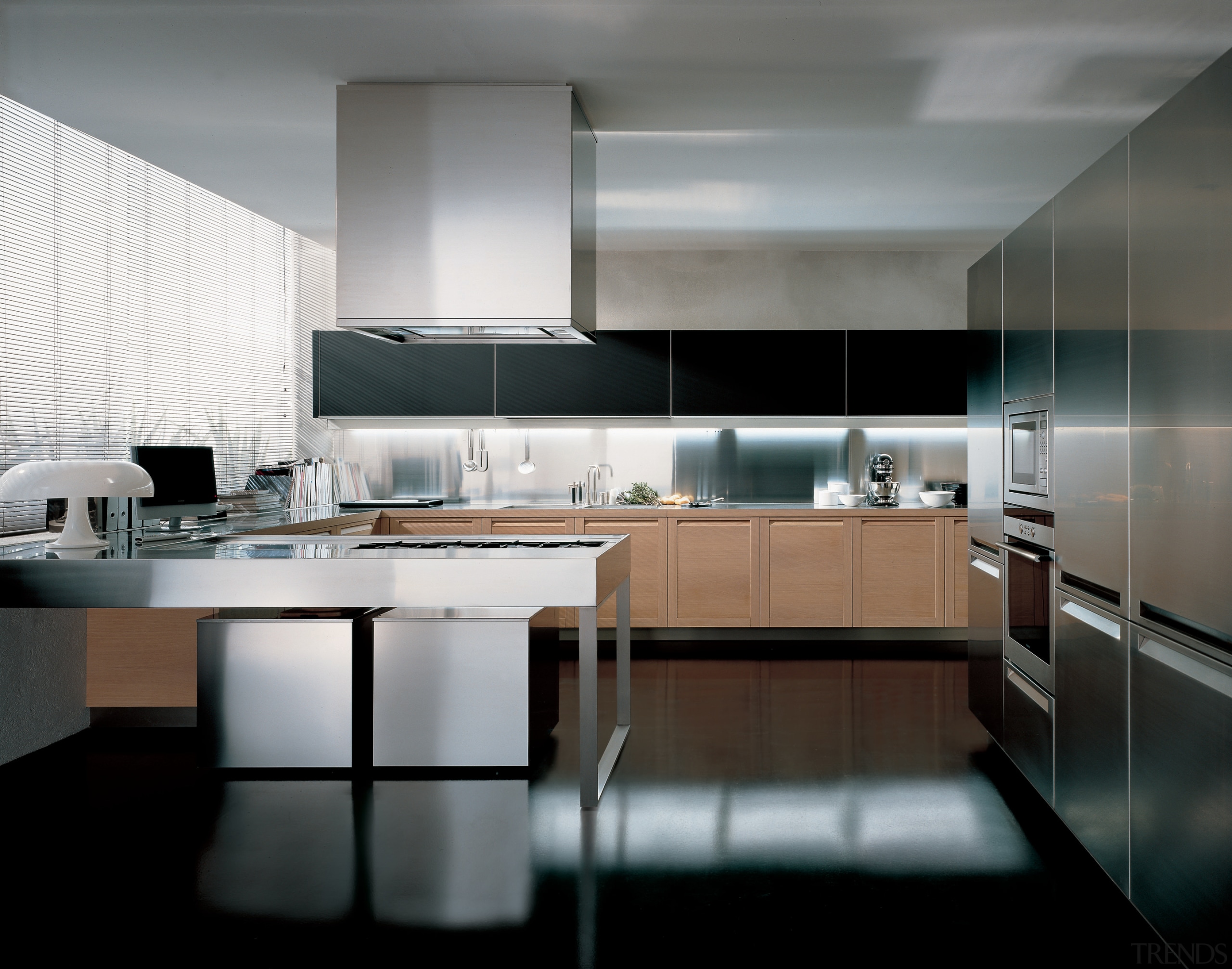 Kitchen with timber look cabinetry along one wall, cabinetry, countertop, cuisine classique, interior design, kitchen, product design, gray, black