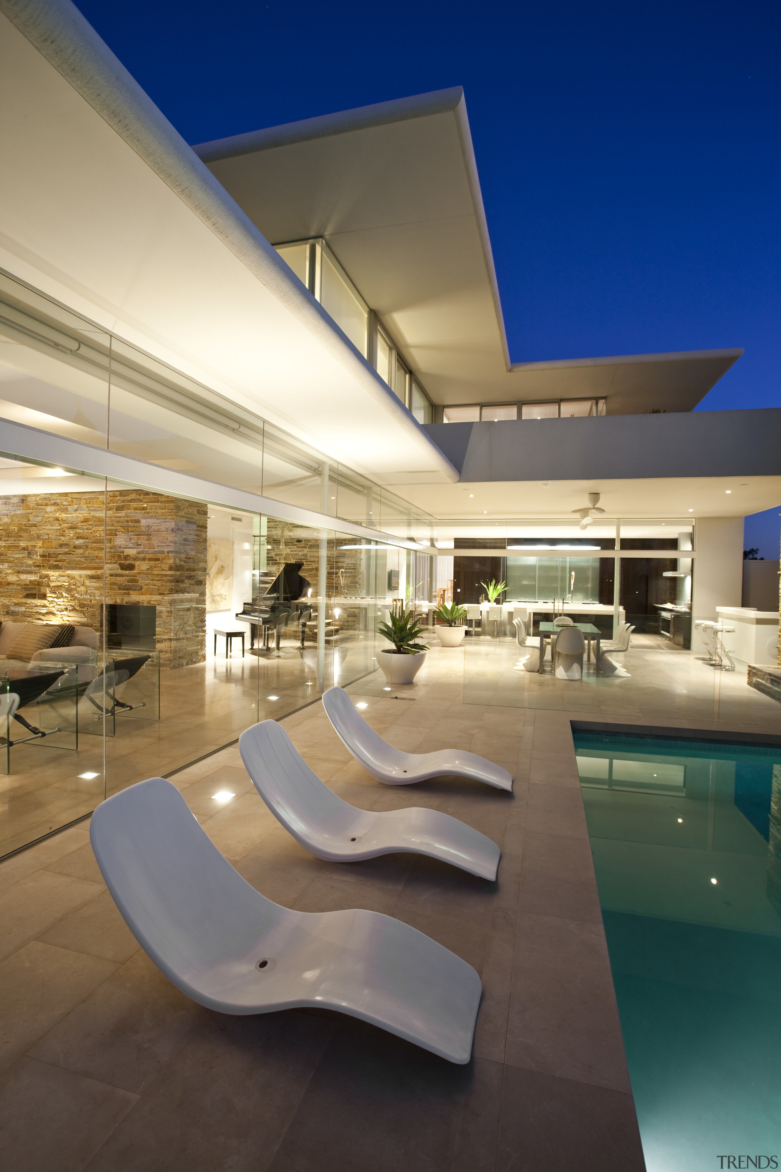 View of house with stone walls, walnut panelling apartment, architecture, ceiling, condominium, daylighting, estate, home, house, interior design, lobby, penthouse apartment, real estate, swimming pool