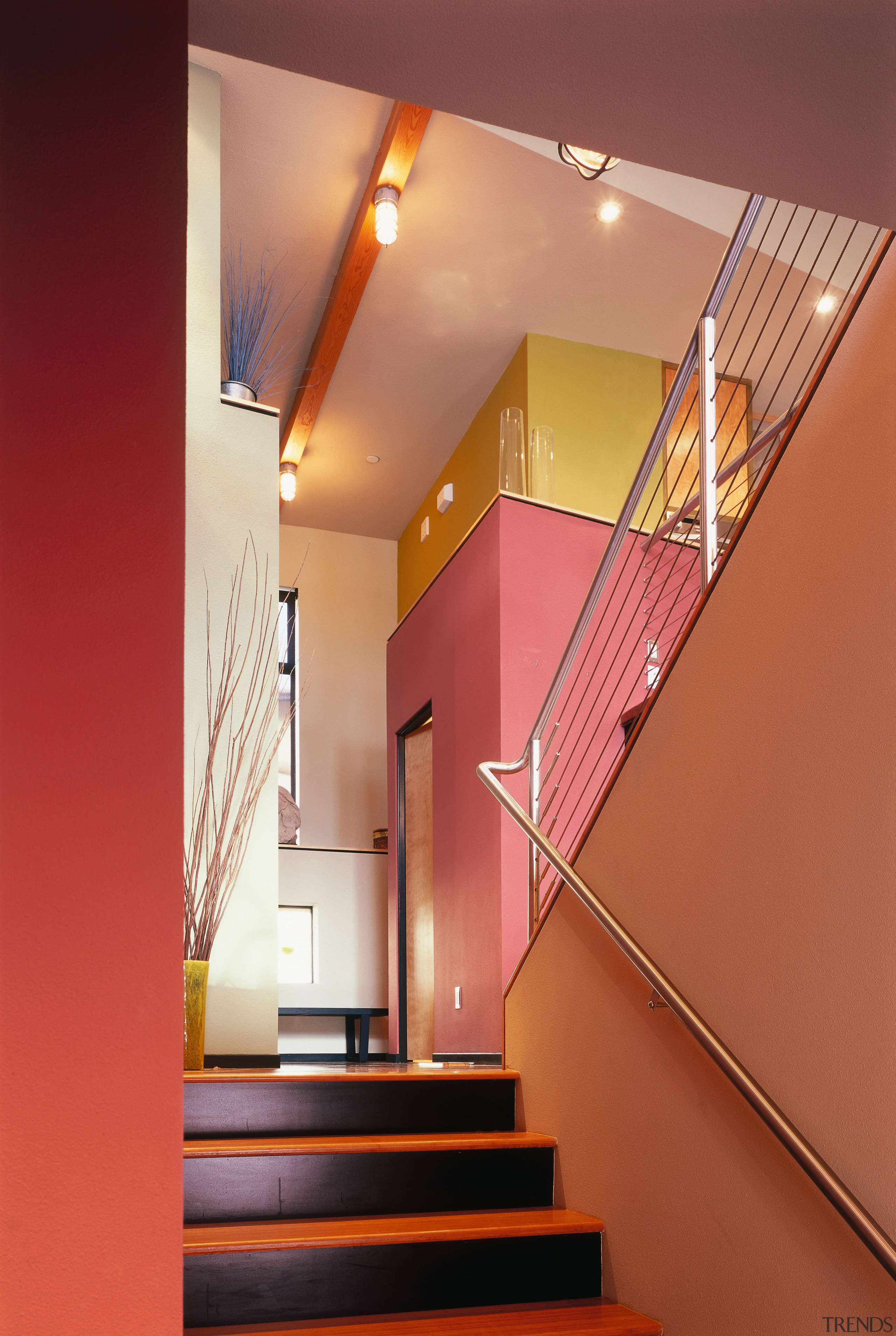 A view of some various paints by Kelly architecture, ceiling, daylighting, glass, handrail, home, house, interior design, lighting, orange, product design, stairs, wall, red, orange