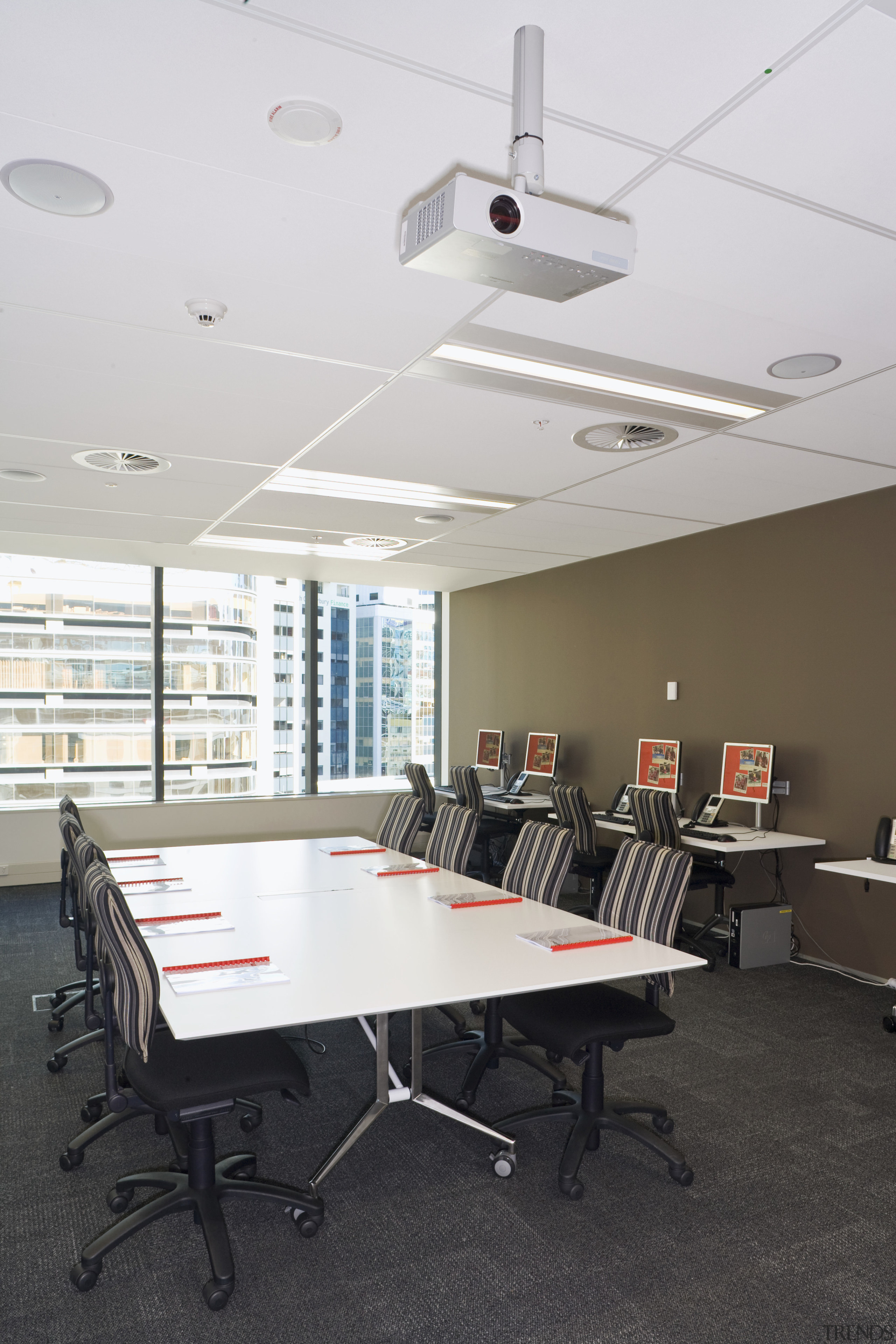 Interior view of office space inside the Westpac architecture, ceiling, classroom, conference hall, daylighting, floor, furniture, institution, interior design, office, table, white, black