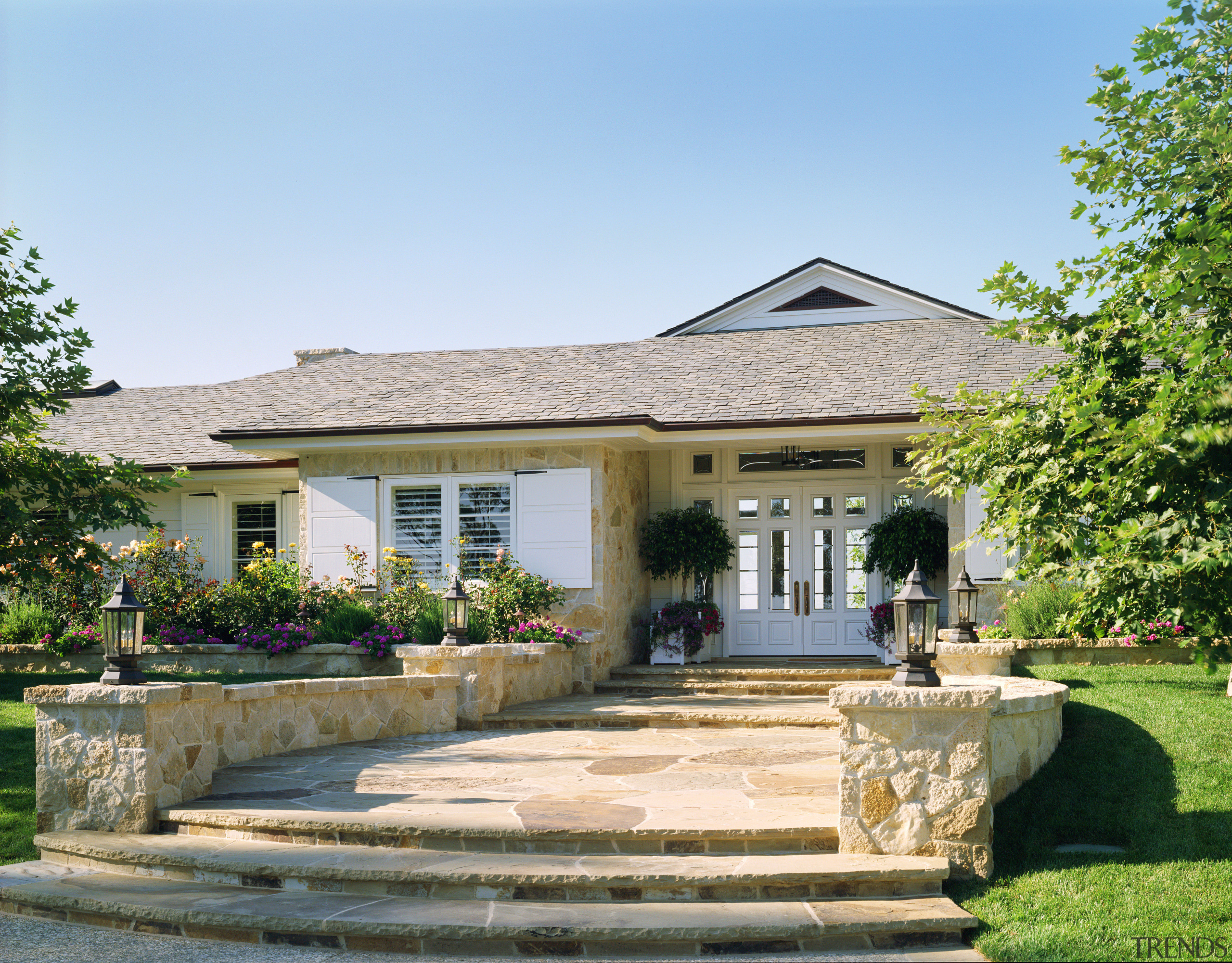 View of grand entrance way - View of cottage, estate, facade, farmhouse, home, house, landscaping, mansion, property, real estate, residential area, villa, yard, teal