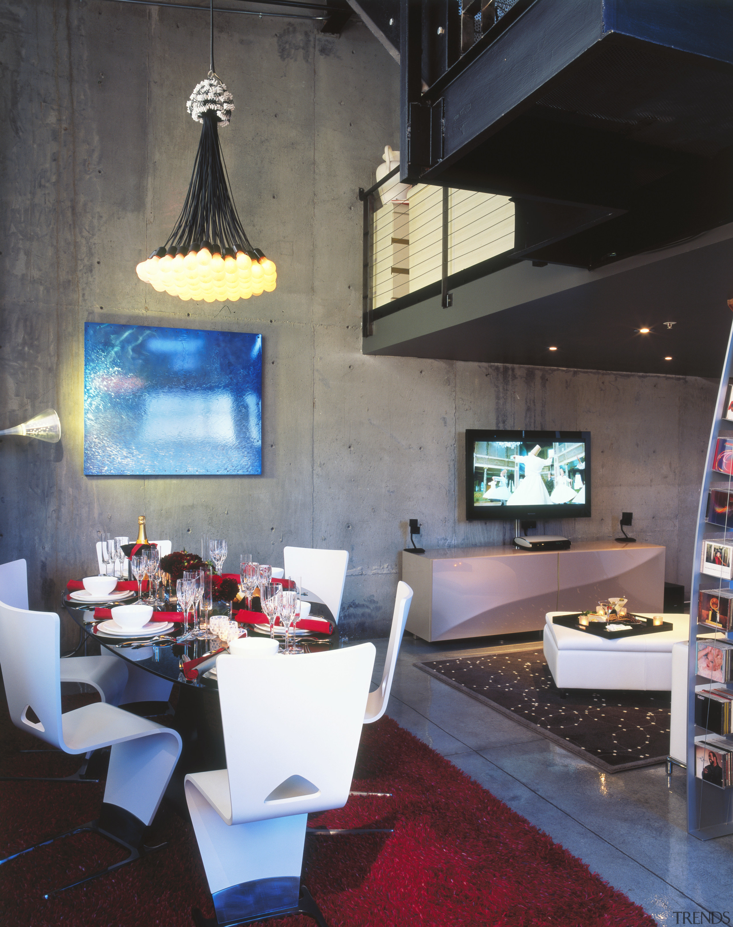 A view of the dining and living area, ceiling, furniture, interior design, living room, table, black, gray