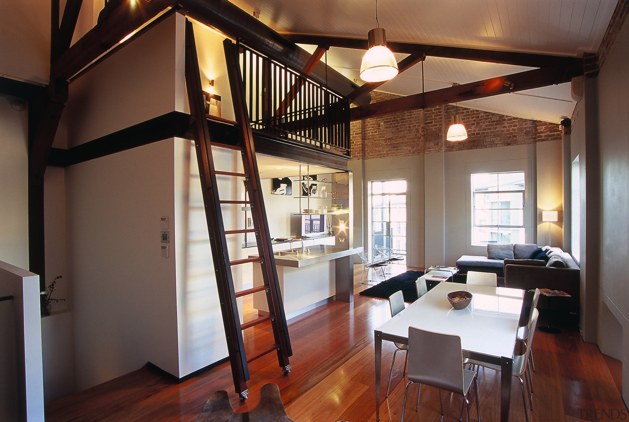 View of the wooden ladder access to the ceiling, interior design, loft, room, black, brown