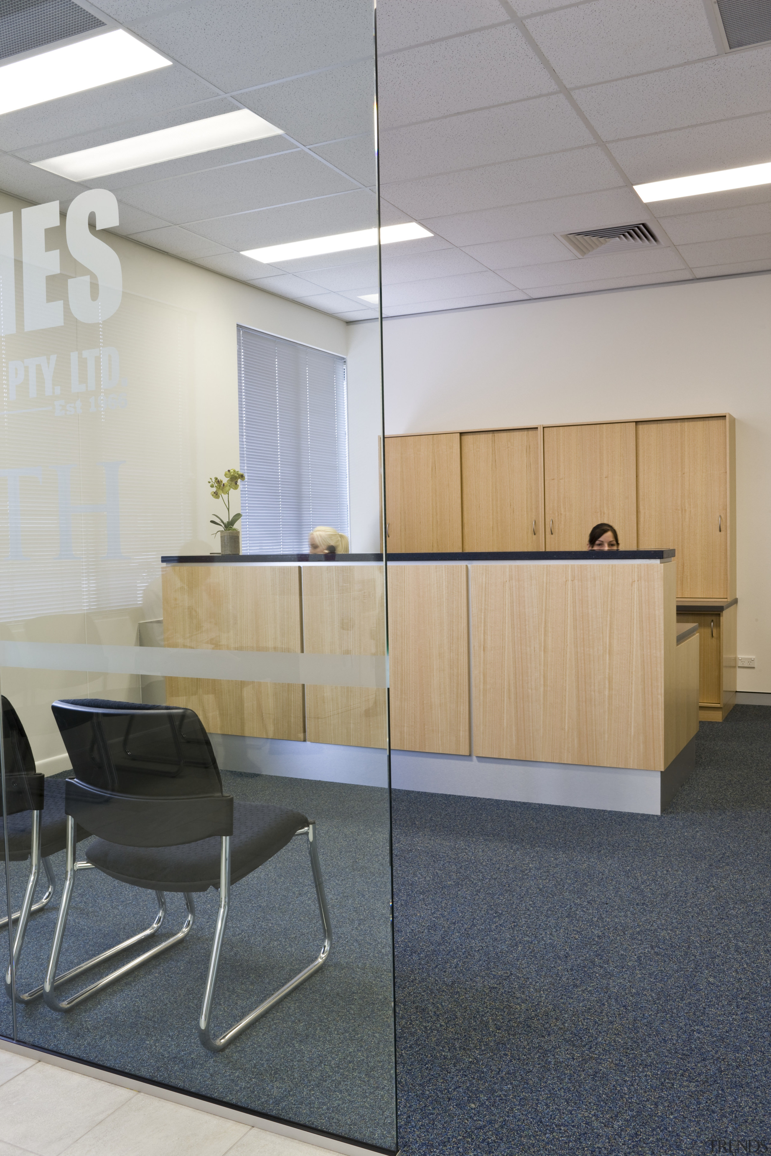 Image of desk and shelving supplied by The architecture, ceiling, floor, flooring, furniture, interior design, office, product design, table, wall, gray
