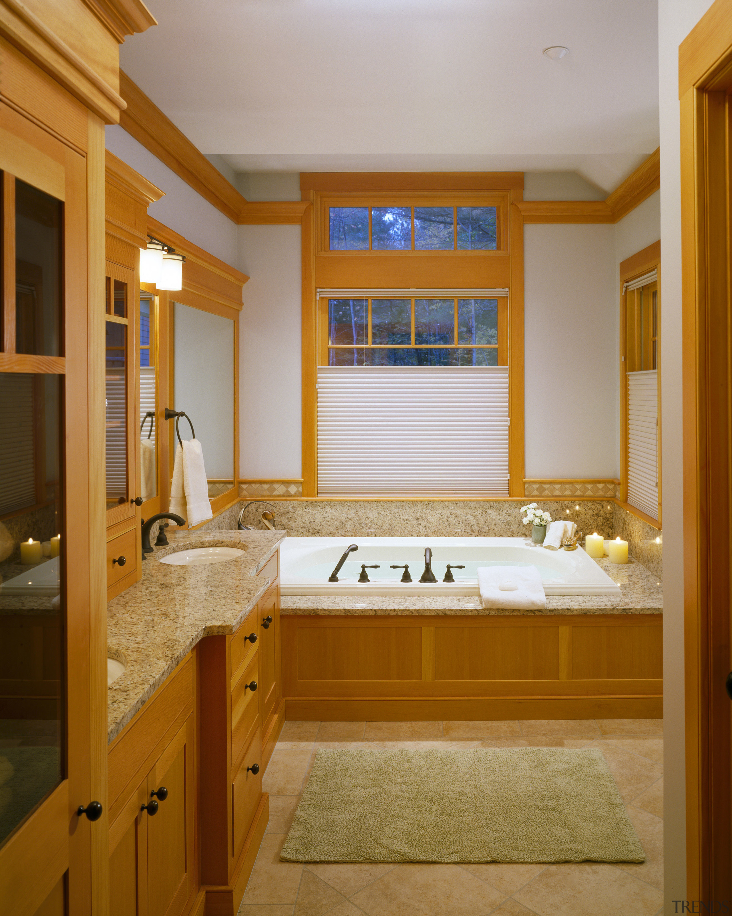 View of bathroom featuring wood joinery and tiled bathroom, cabinetry, countertop, estate, home, interior design, real estate, room, suite, window, brown, orange