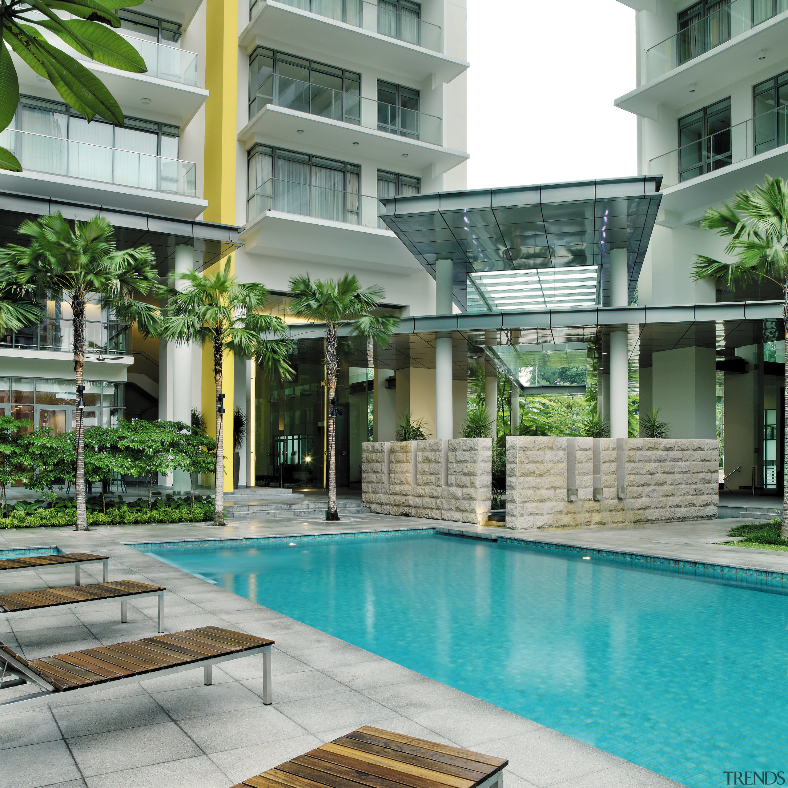 A view of the swimming pool, concrete tiled apartment, architecture, condominium, courtyard, estate, house, mixed use, property, real estate, residential area, swimming pool, gray