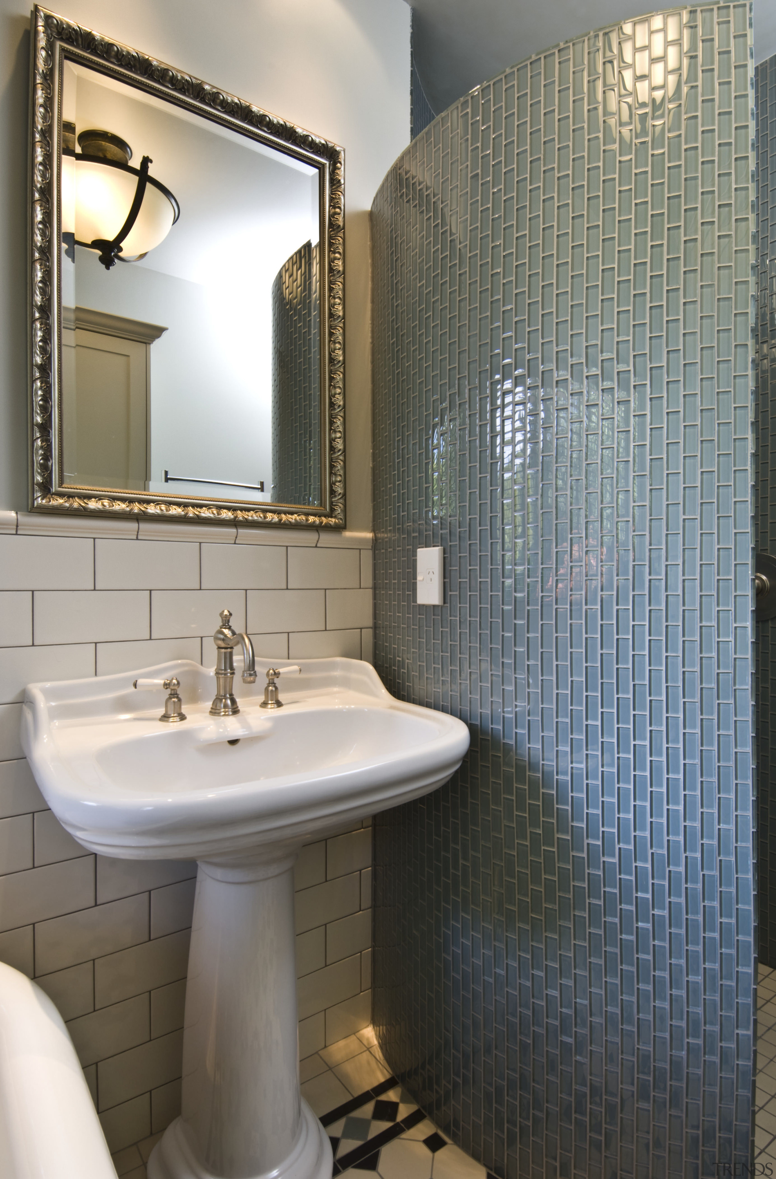 View of traditional-styled basin and mirror, taps, floor bathroom, bathroom accessory, interior design, plumbing fixture, room, sink, tile, gray