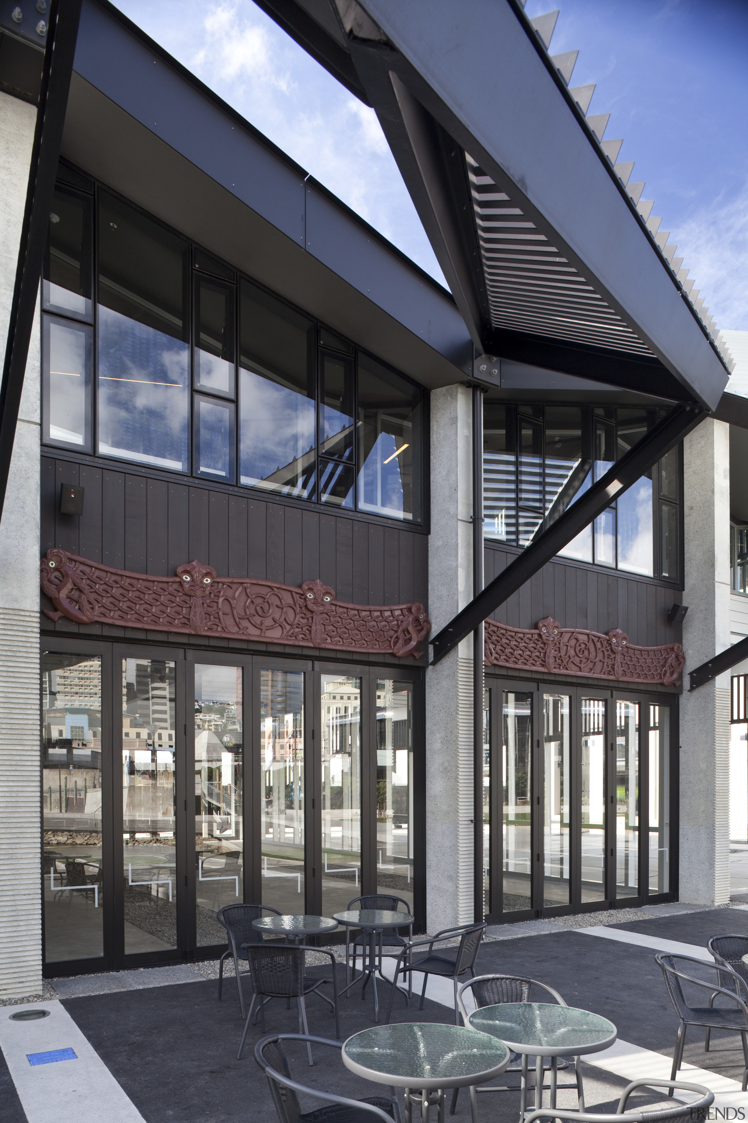 View of the aluminium joinery and window winding architecture, building, corporate headquarters, facade, mixed use, structure, window, black, gray