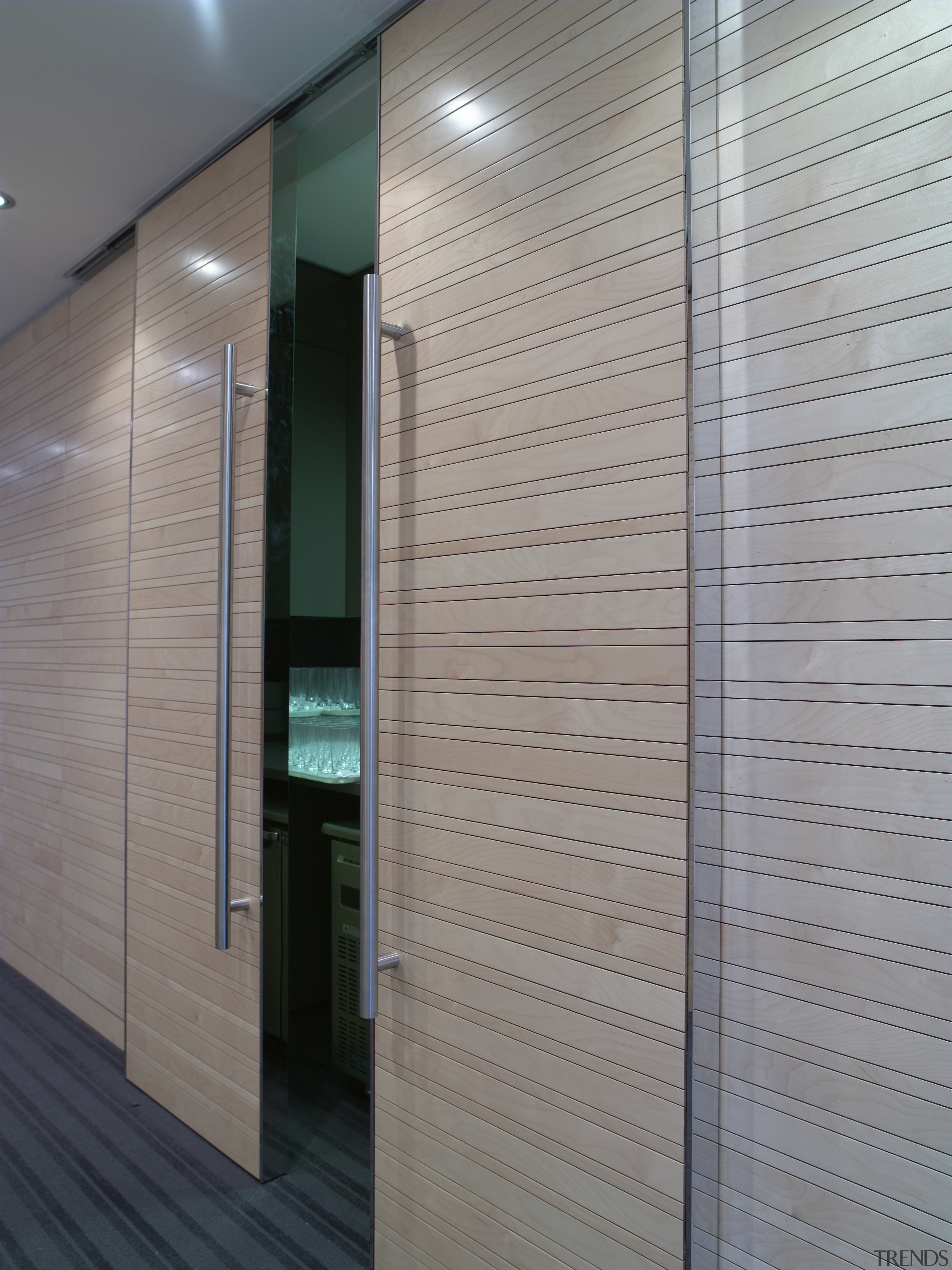Timber slats, veneer panels and polyurethane were installed architecture, ceiling, daylighting, door, facade, floor, glass, interior design, wall, wood, gray