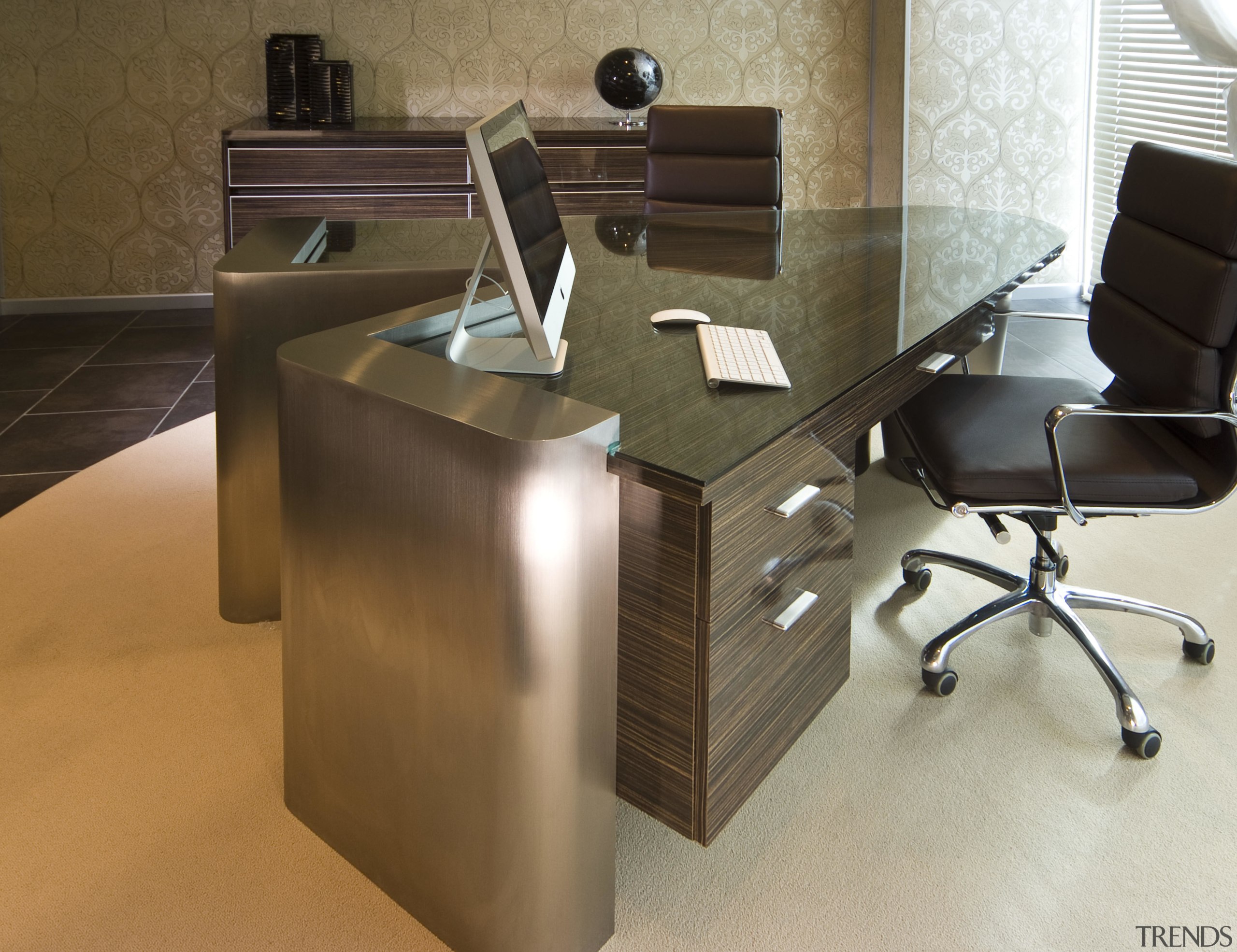 View of a study at the Pececnik residence desk, floor, flooring, furniture, hardwood, office, product design, table, brown