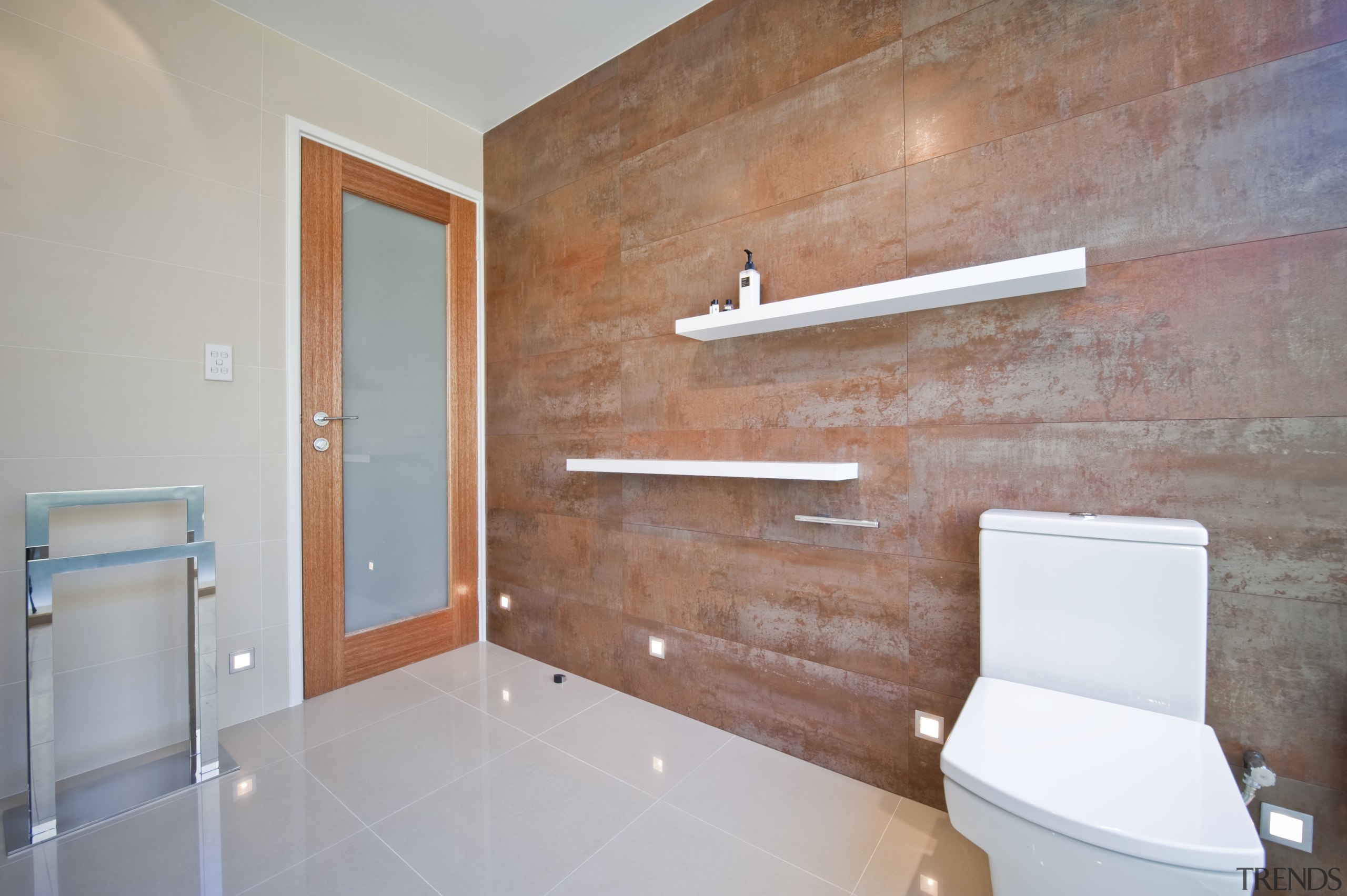 View of home theater powder room designed by architecture, bathroom, daylighting, floor, flooring, home, house, interior design, laminate flooring, plaster, property, real estate, room, tile, wall, gray