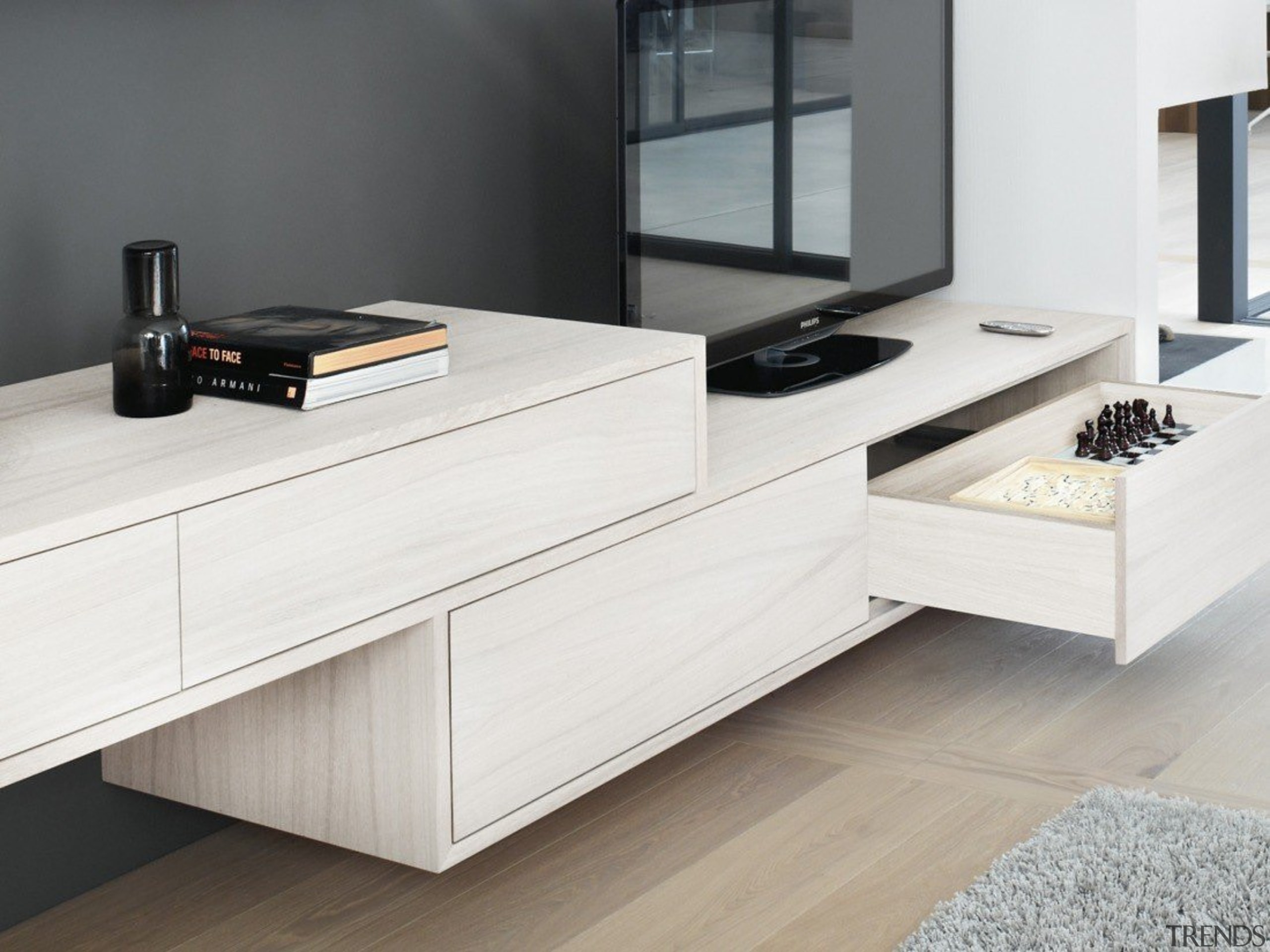 MOVENTO offers a feather-light glide for wooden drawers chest of drawers, coffee table, floor, furniture, sideboard, table, white, gray