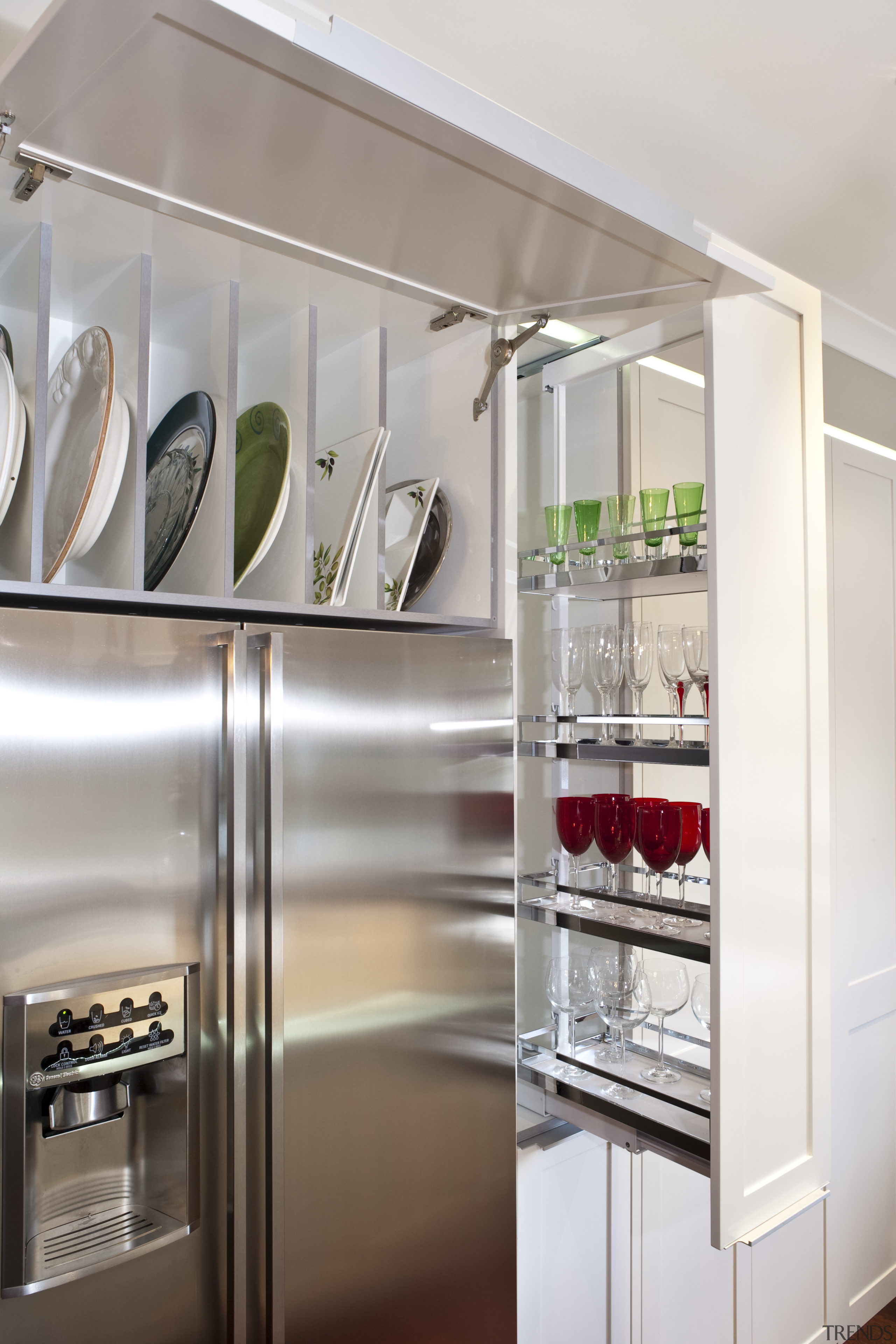 View of the GE Icemaker fridge and cabinetry. home appliance, kitchen, major appliance, refrigerator, white, gray