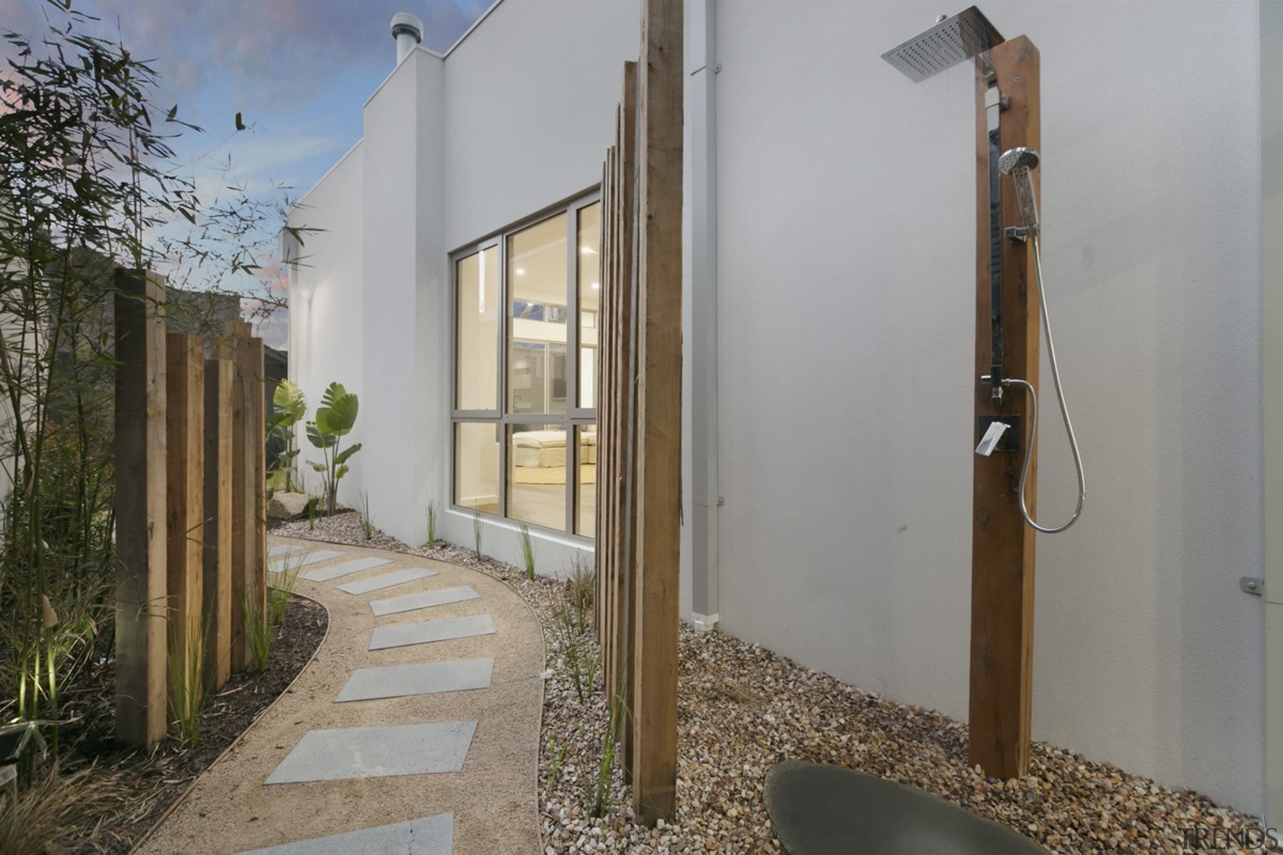 An outdoor shower is a useful addition this architecture, house, property, real estate, gray