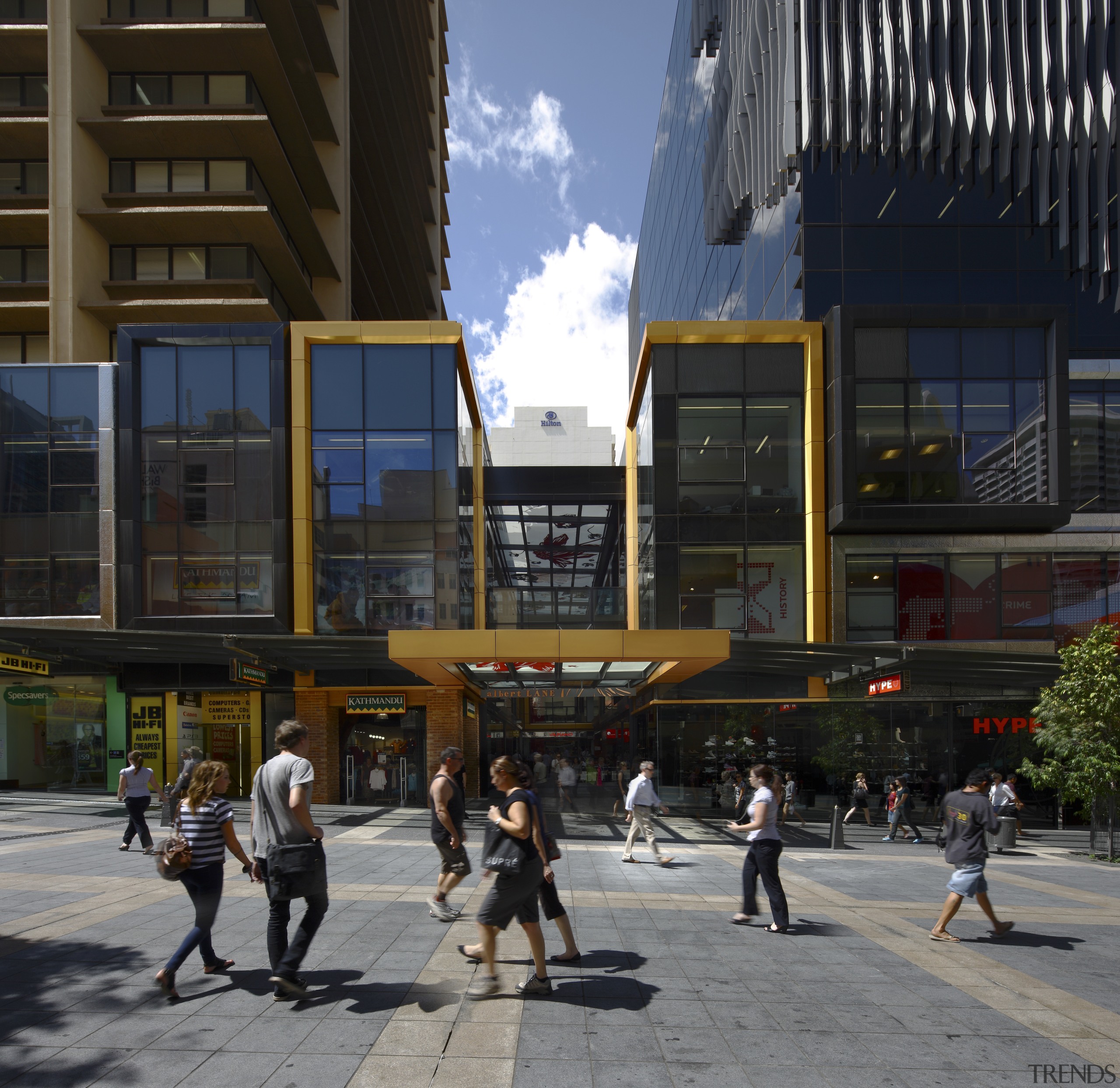 View of office tower with retail podium with building, city, downtown, facade, metropolitan area, mixed use, neighbourhood, pedestrian, plaza, street, urban area, black