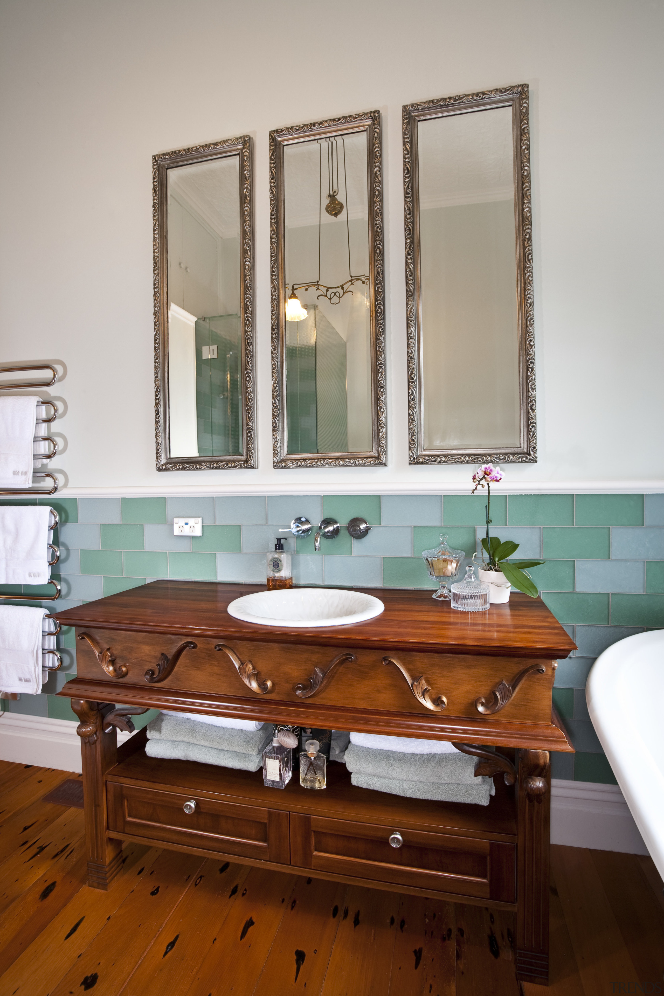 View of bathroom which features timber vanity with bathroom, bathroom accessory, floor, home, interior design, room, sink, gray