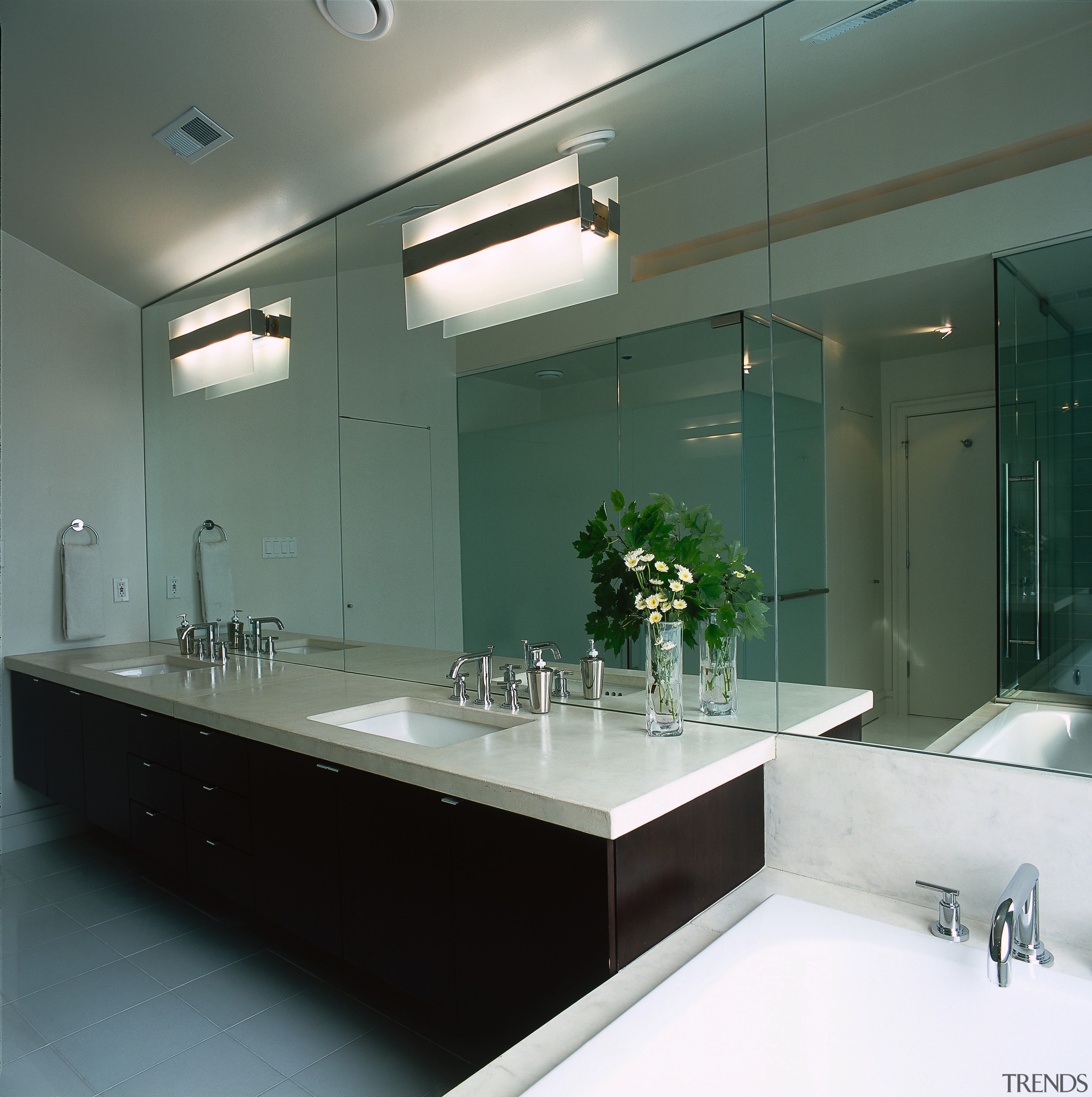 Close view of the vanity unit within the architecture, bathroom, ceiling, countertop, daylighting, glass, interior design, sink, gray