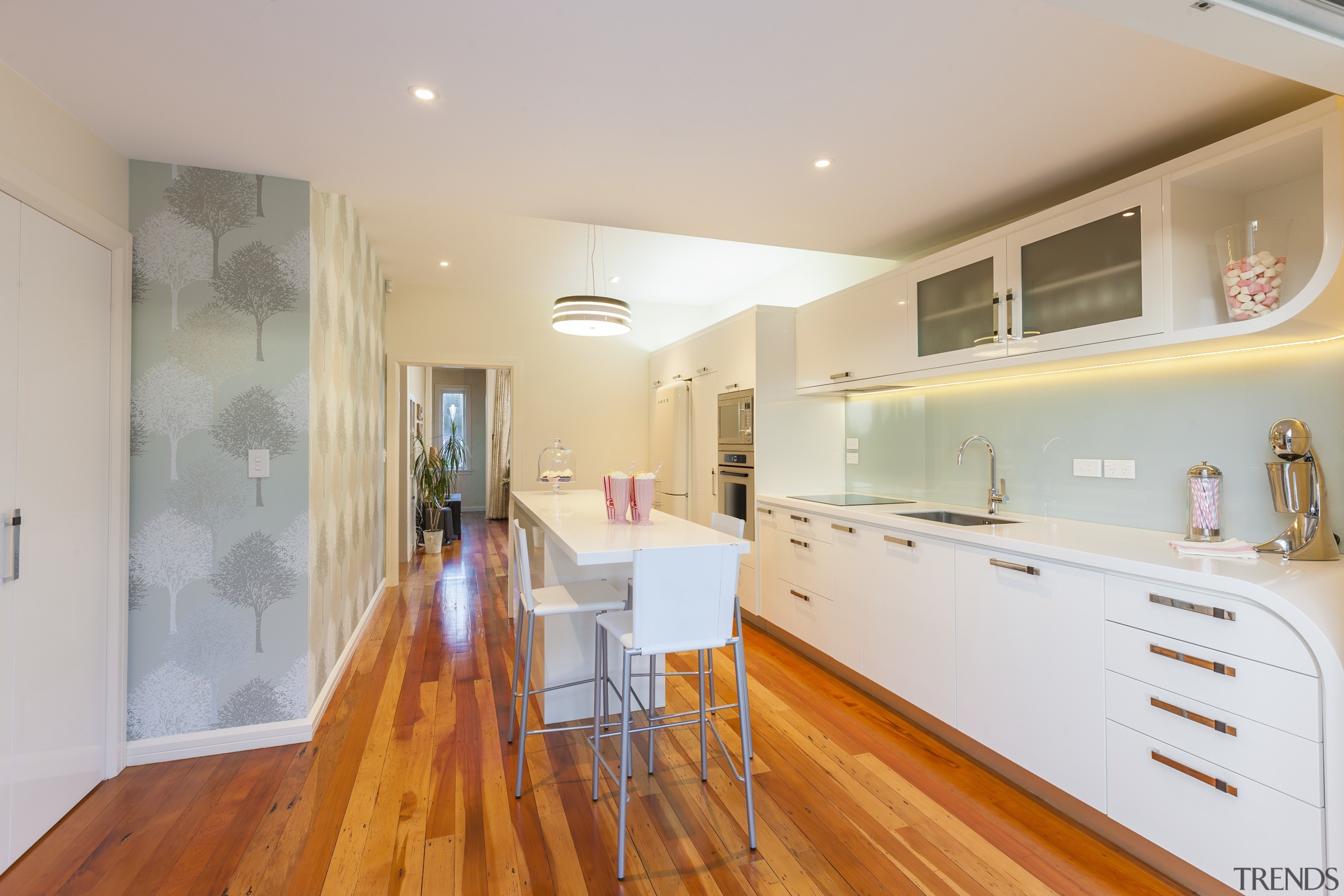 View of contemporary kitchen with wooden flooring and ceiling, countertop, estate, floor, flooring, hardwood, home, house, interior design, kitchen, laminate flooring, property, real estate, room, wood, wood flooring, gray