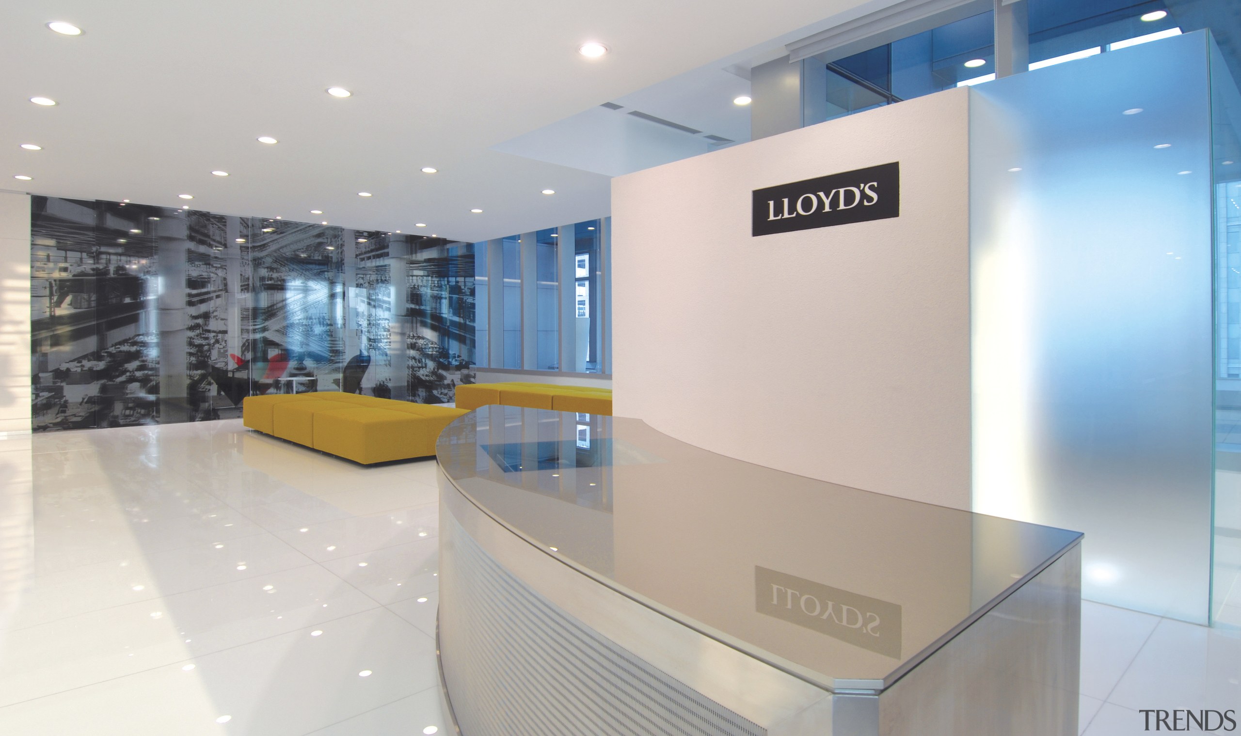 Interior view of Lloyd's Reinsurance Co. featuring stone glass, interior design, product, product design, gray