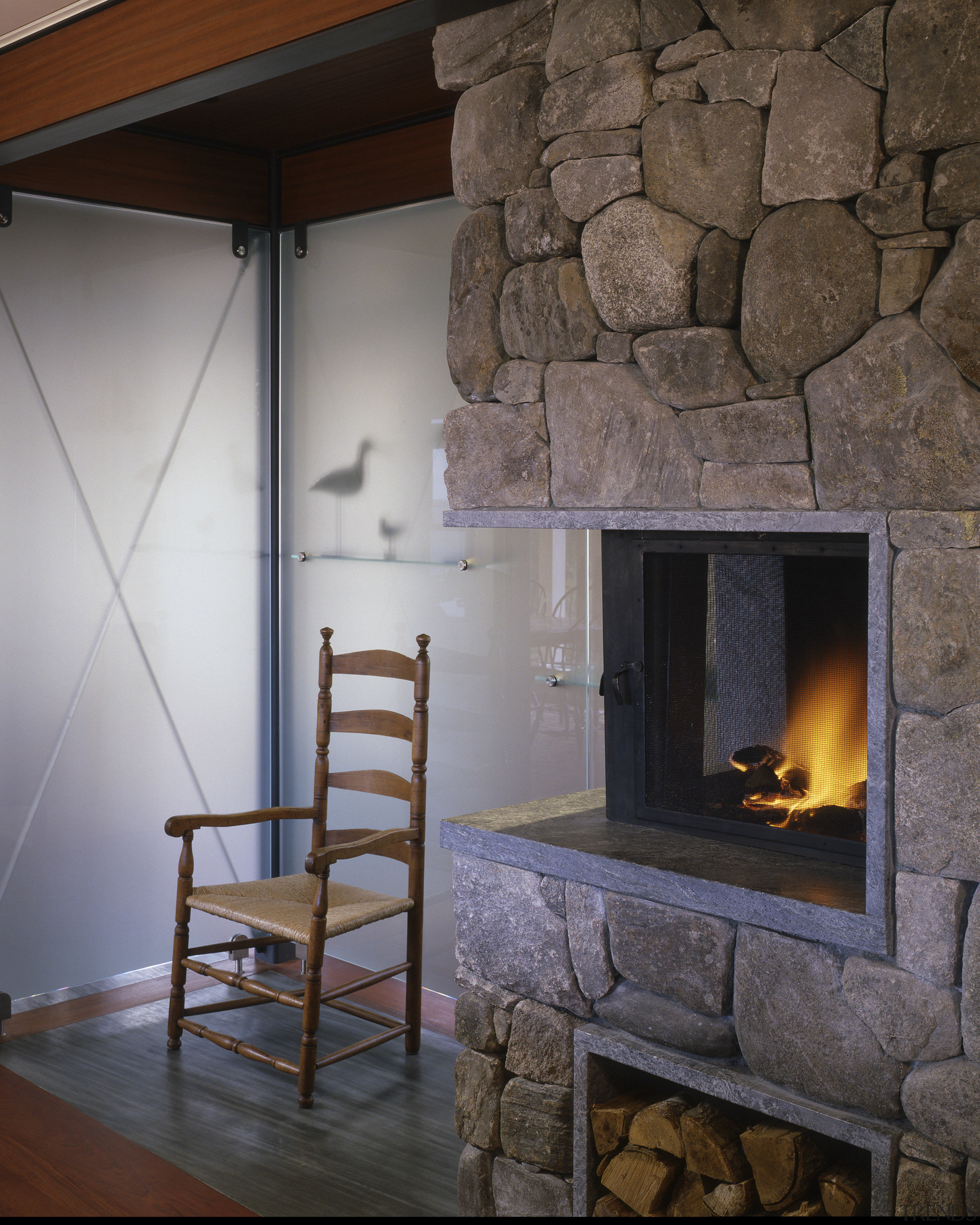 View of stone fireplace made from local Maine fireplace, hearth, heat, interior design, living room, masonry oven, wood burning stove, gray, brown