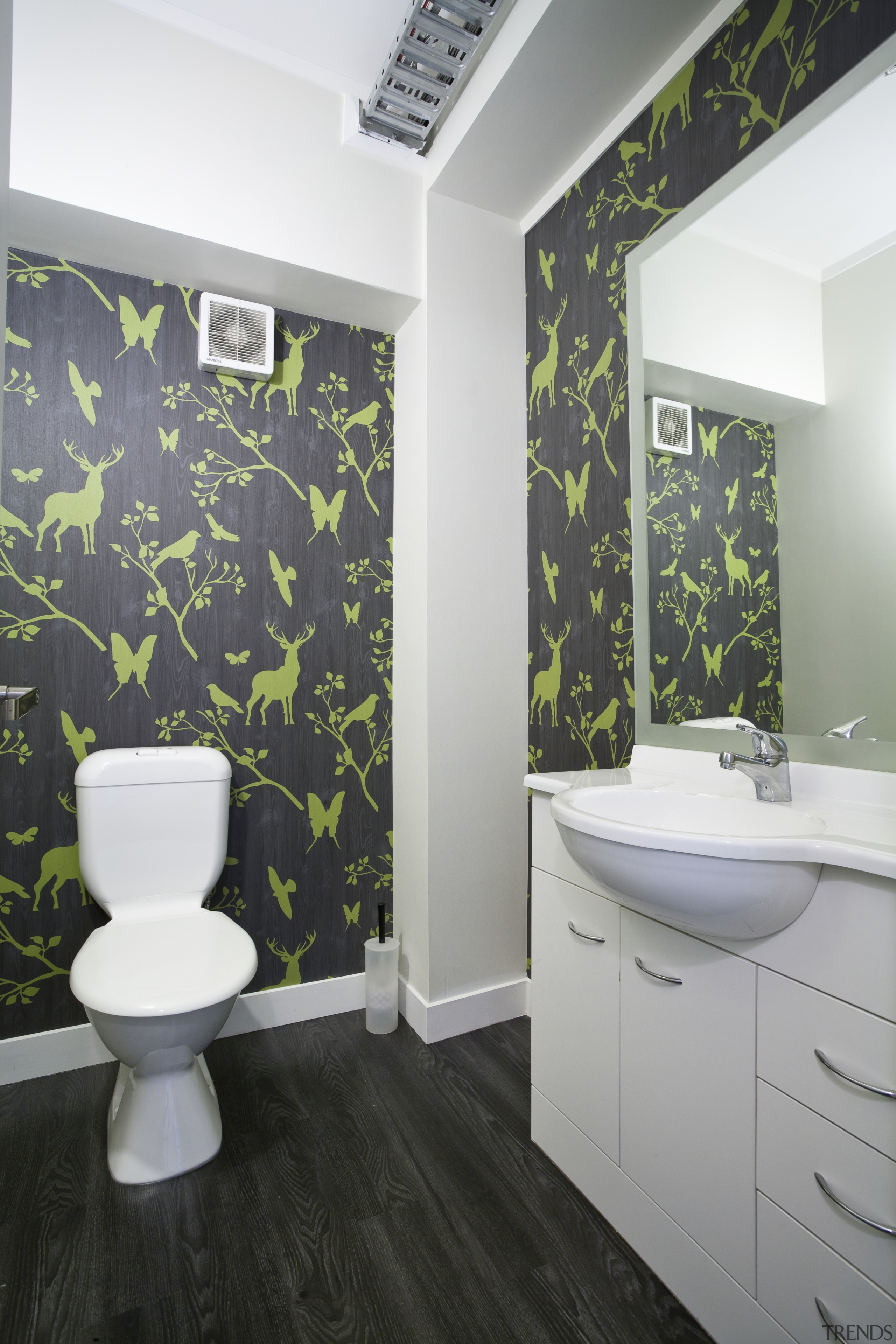 View of the offices powder room - View architecture, bathroom, ceiling, floor, home, interior design, product design, room, tile, wall, gray, white, black