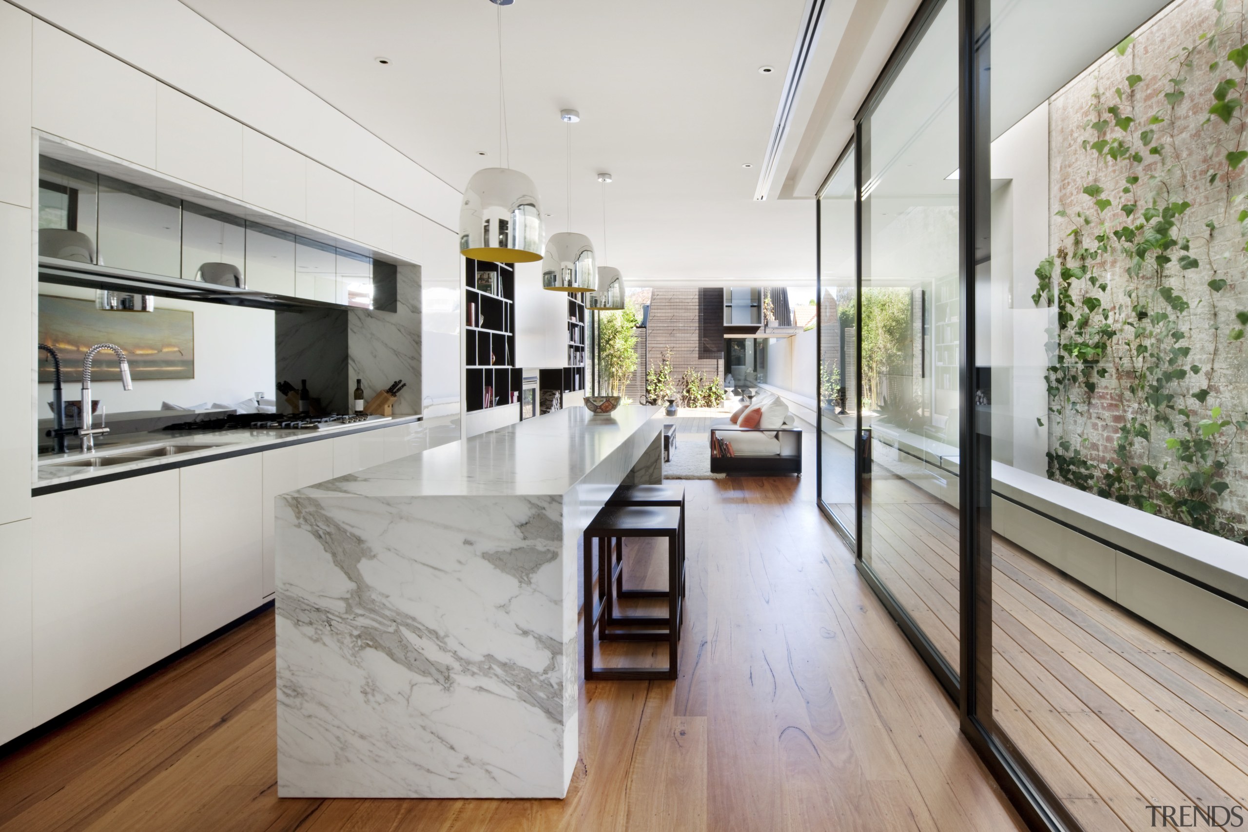 Glazed walls. Wood floors and decking. Island calacatta countertop, house, interior design, kitchen, real estate, gray