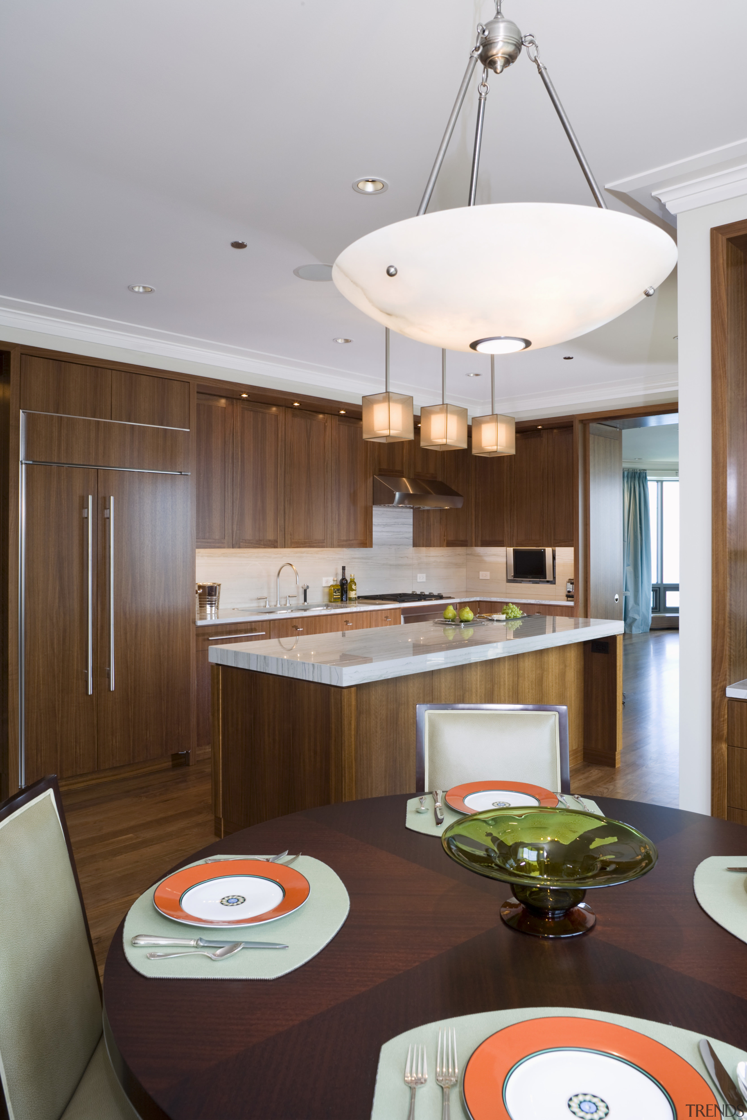 Rich walnut cabinetry features in this apartment kitchen, ceiling, countertop, interior design, kitchen, room, gray, brown