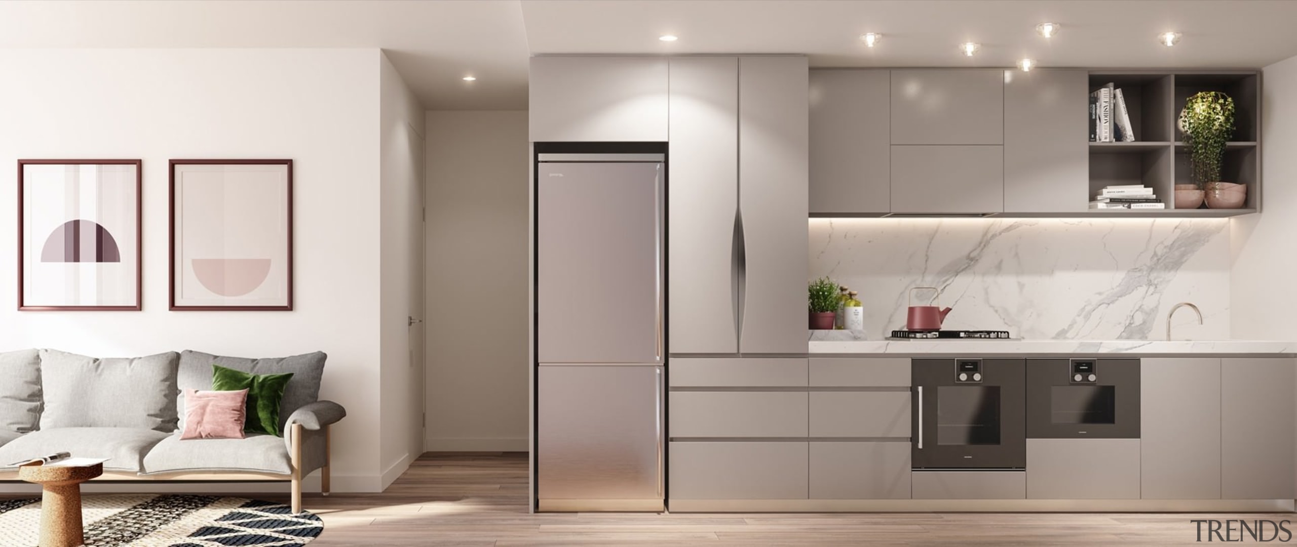 The kitchen isn't imposing – it's ideal for floor, furniture, interior design, kitchen, product design, gray