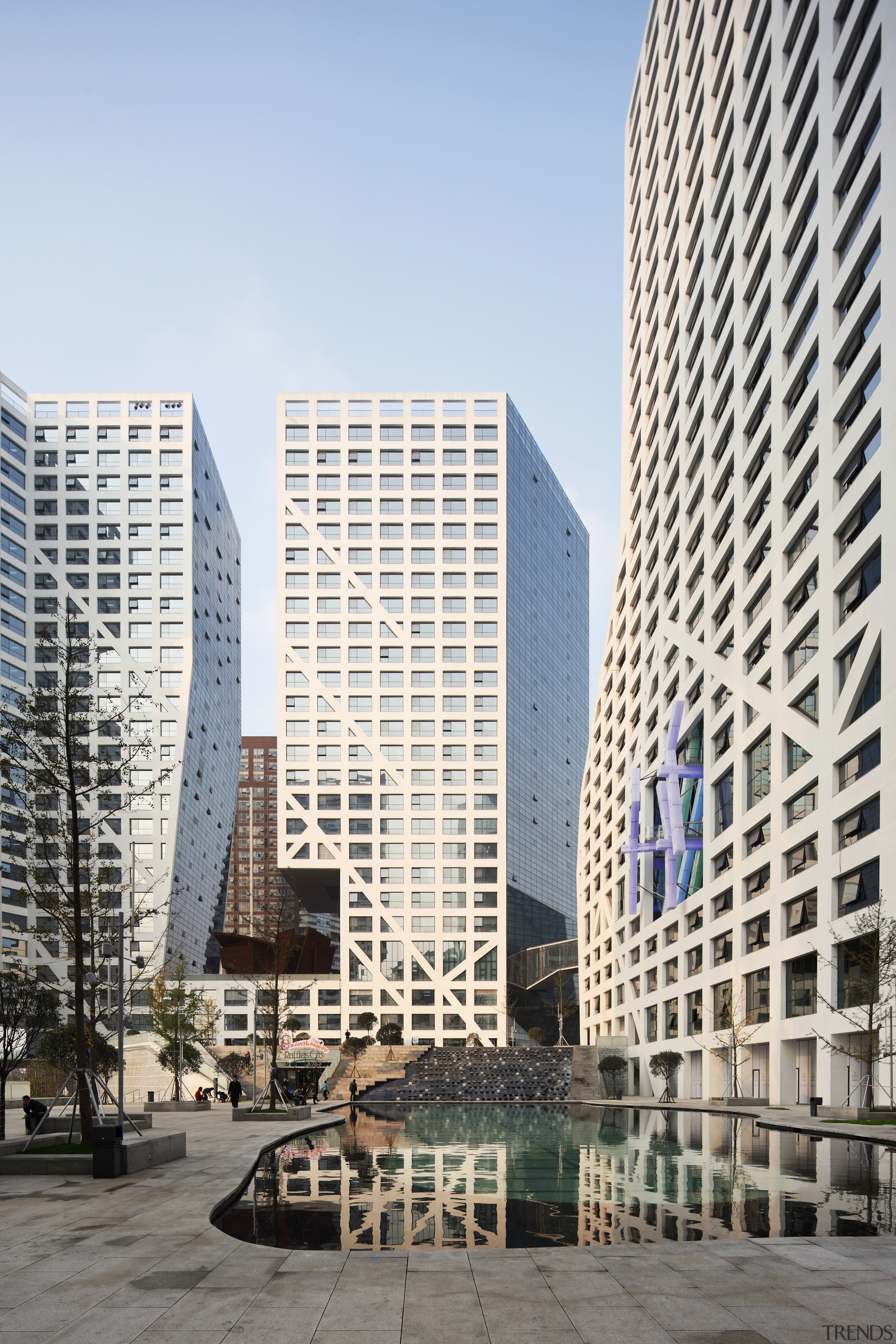 Raffles City Chengdu by Steven Holl Architects - apartment, architecture, building, city, cityscape, commercial building, condominium, corporate headquarters, daytime, downtown, facade, headquarters, metropolis, metropolitan area, mixed use, neighbourhood, residential area, sky, skyscraper, tower block, urban area, urban design, white