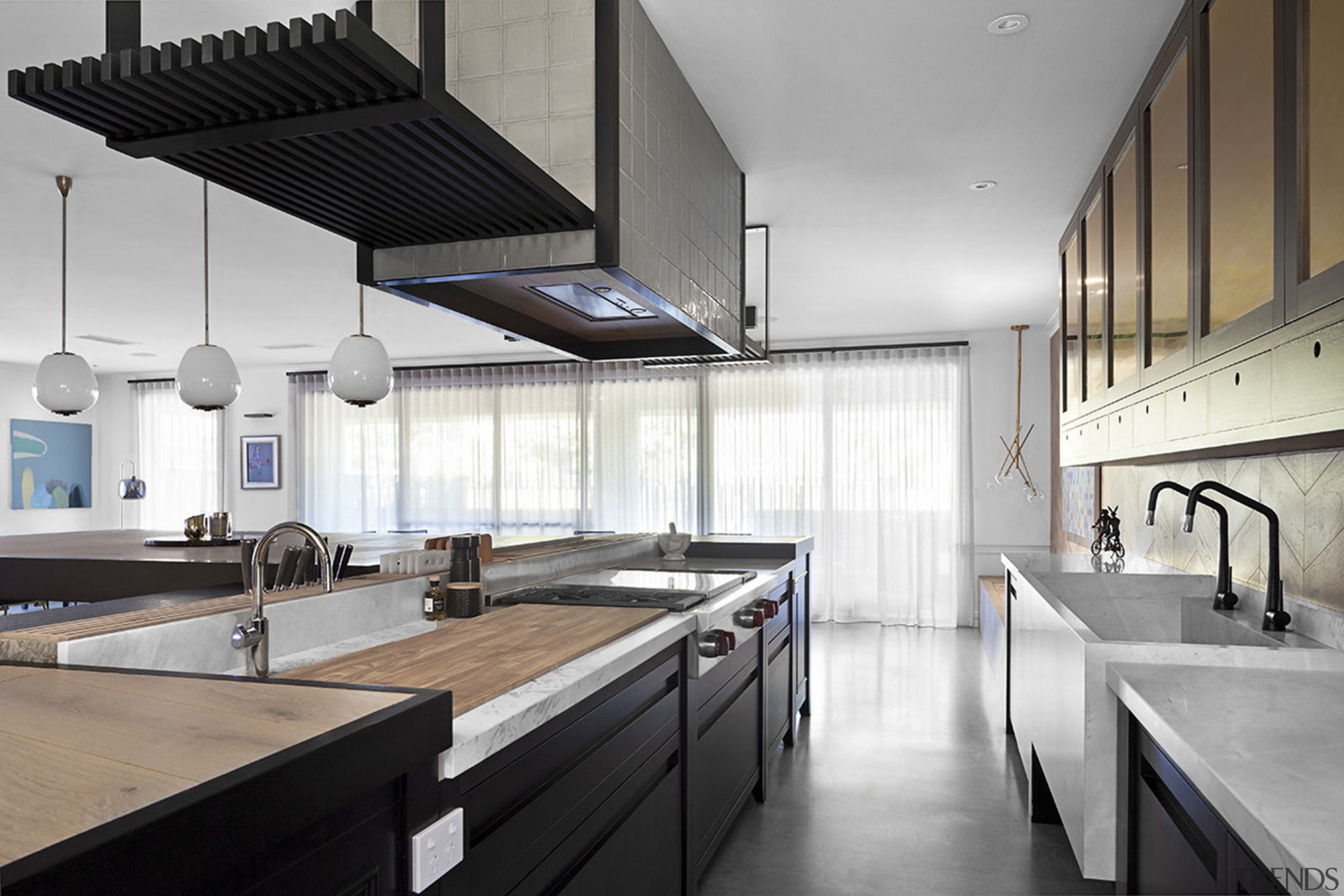 In this unfitted design, each element in the architecture, countertop, daylighting, interior design, kitchen, white, gray