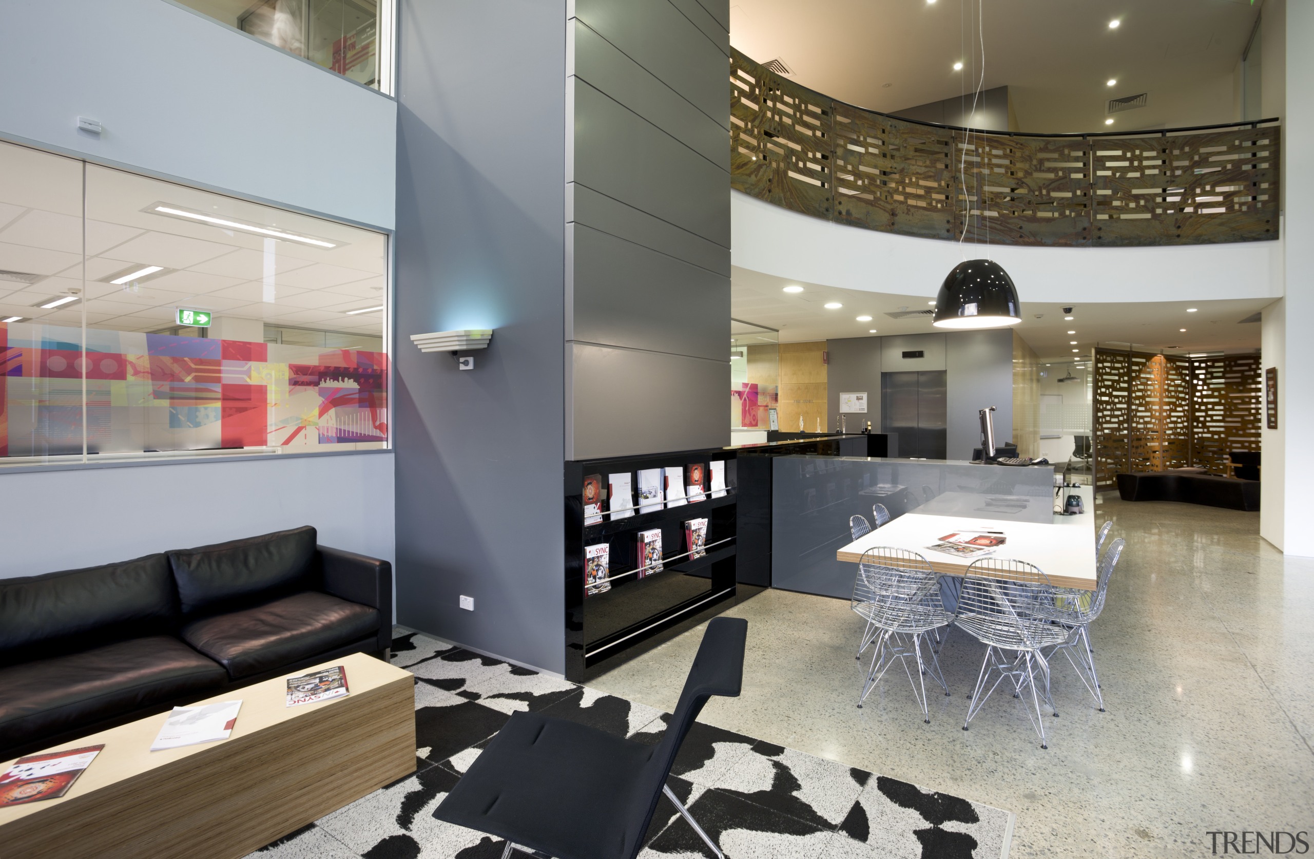 View of seating area with patterned black and interior design, living room, gray