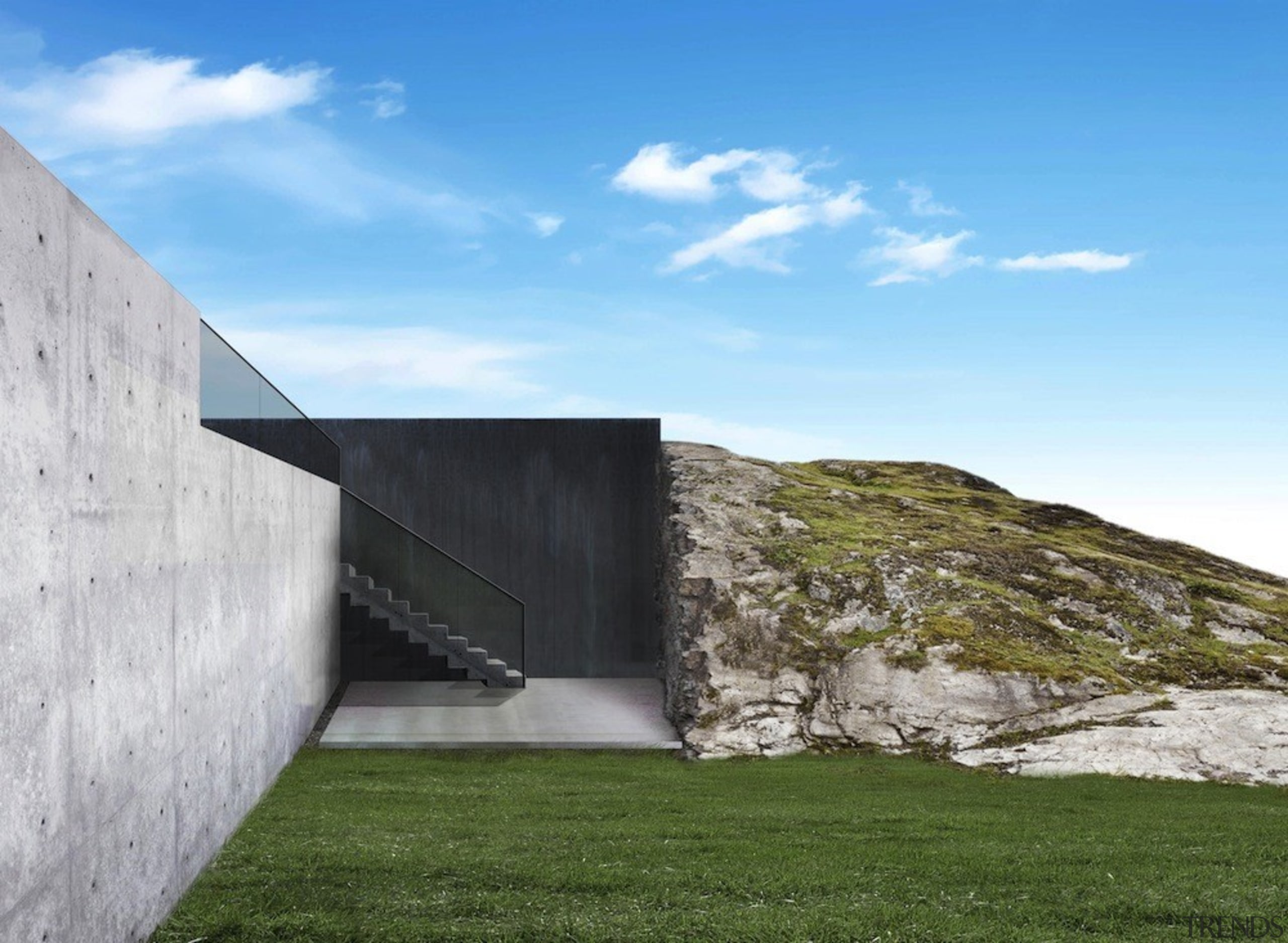 You can see the excavation required here - architecture, building, house, sky, terrain, wall, teal