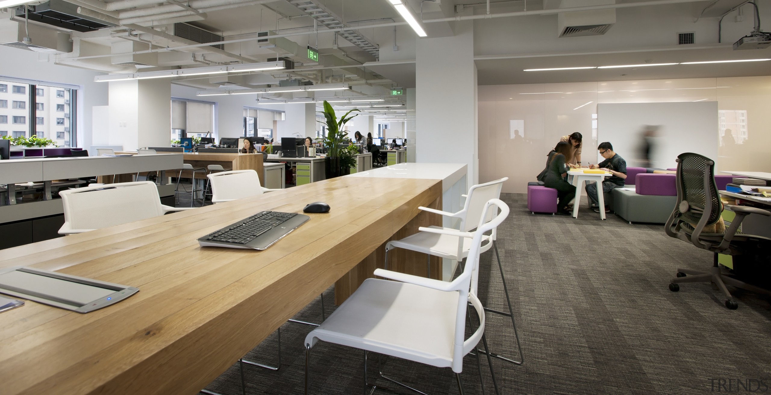 A variety of work areas and breakout spaces conference hall, furniture, interior design, office, gray