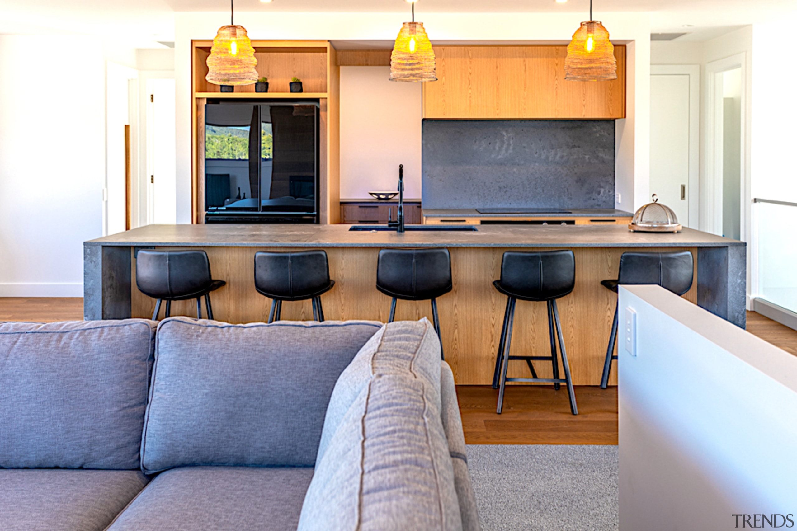 Feature lighting sets off this simple yet dramatic architecture, building, cabinetry, floor, flooring, furniture, home, house, interior design, kitchen, living room, loft, property, real estate, room, suite, table, yellow, white