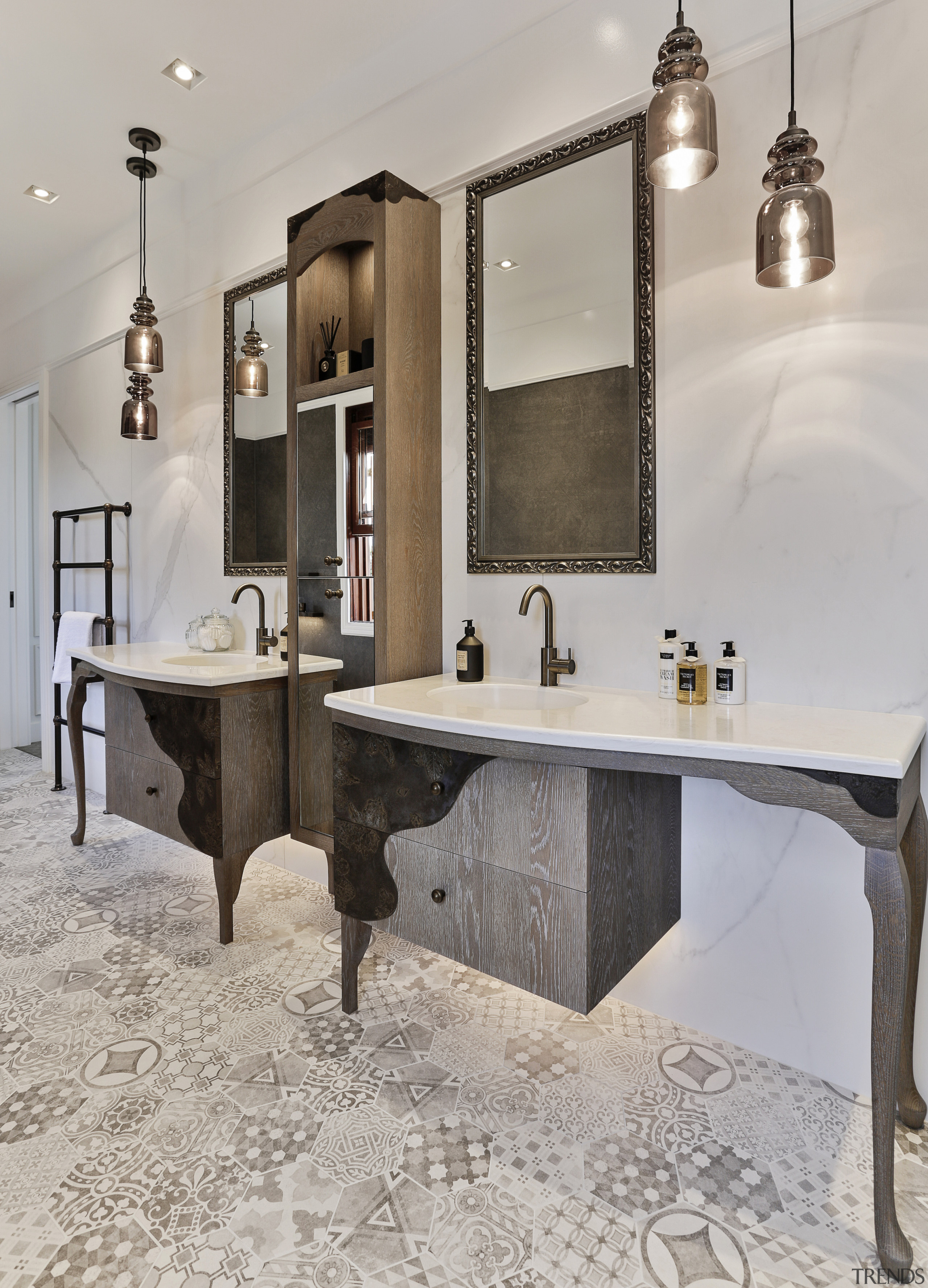 Designer Shane George designed a curved overlay pattern bathroom, countertop, floor, flooring, furniture, interior design, room, sink, tap, gray