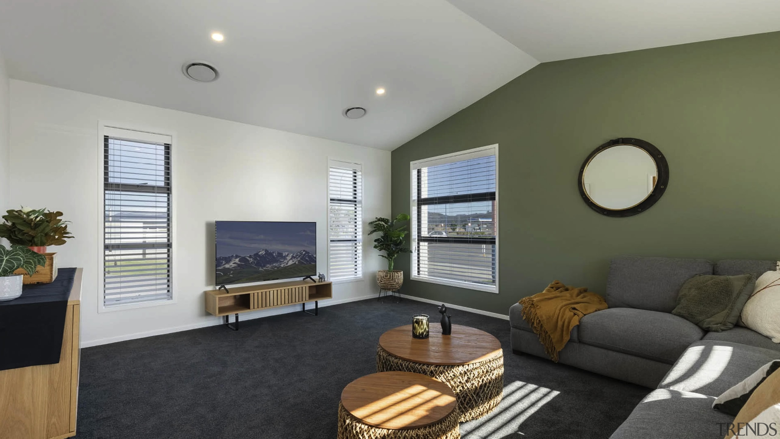 The spacious media room/lounge with green accent wall 