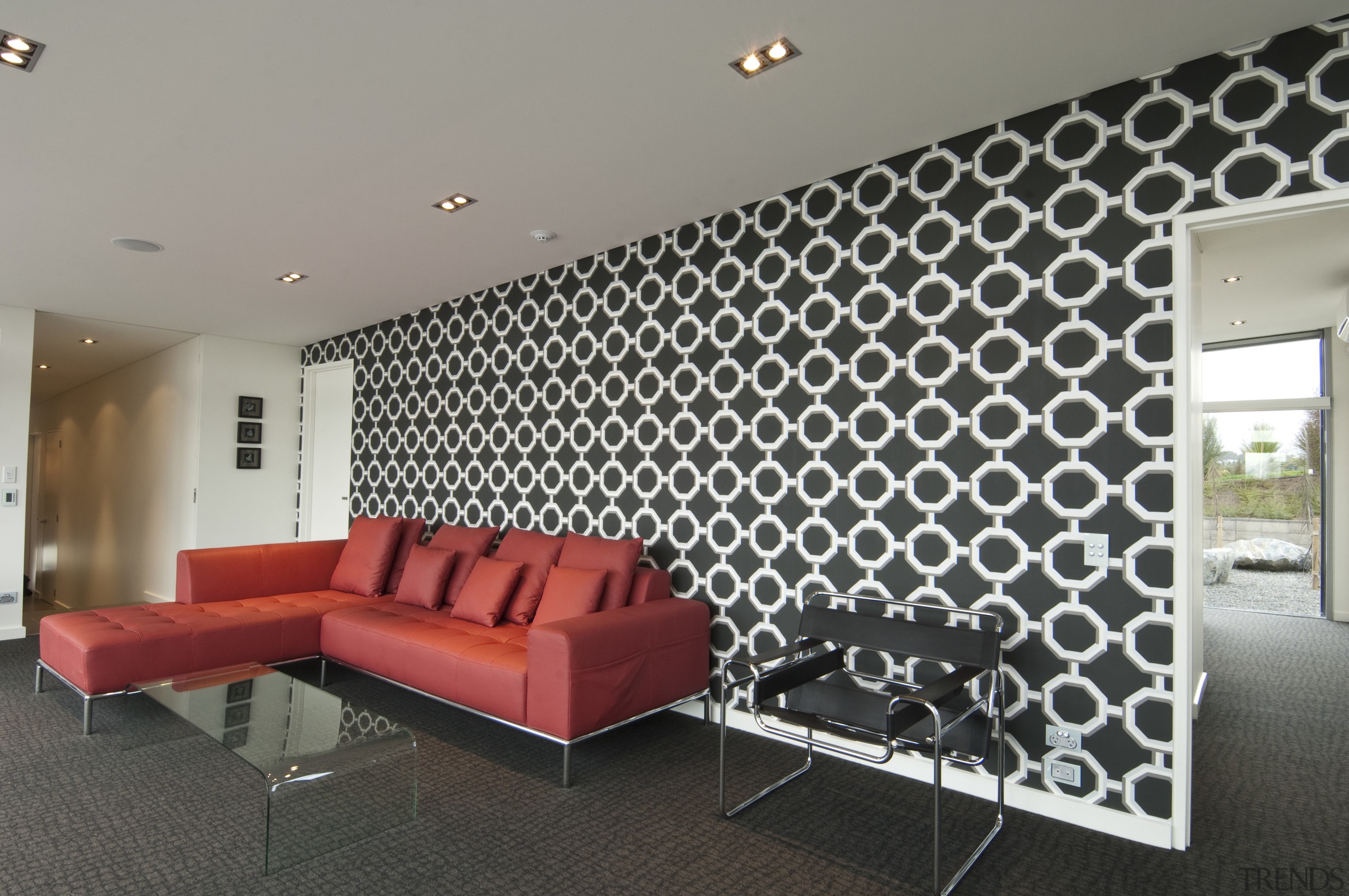 View of contemporary bach with terrace, sheltered courtyard architecture, ceiling, floor, interior design, living room, real estate, wall, gray, black