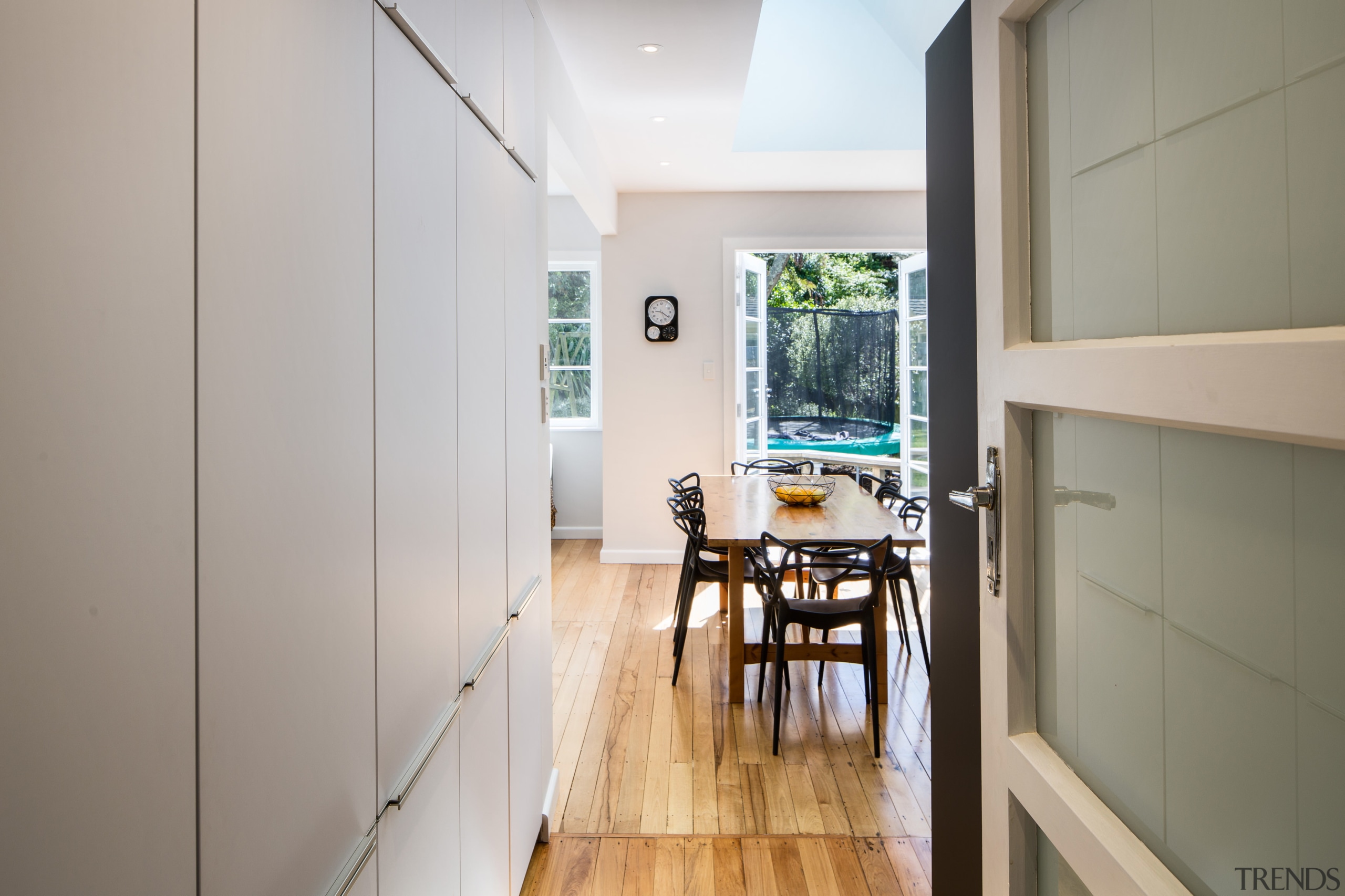 Looking through into the dining area - Looking architecture, floor, flooring, home, house, interior design, real estate, room, wood, gray