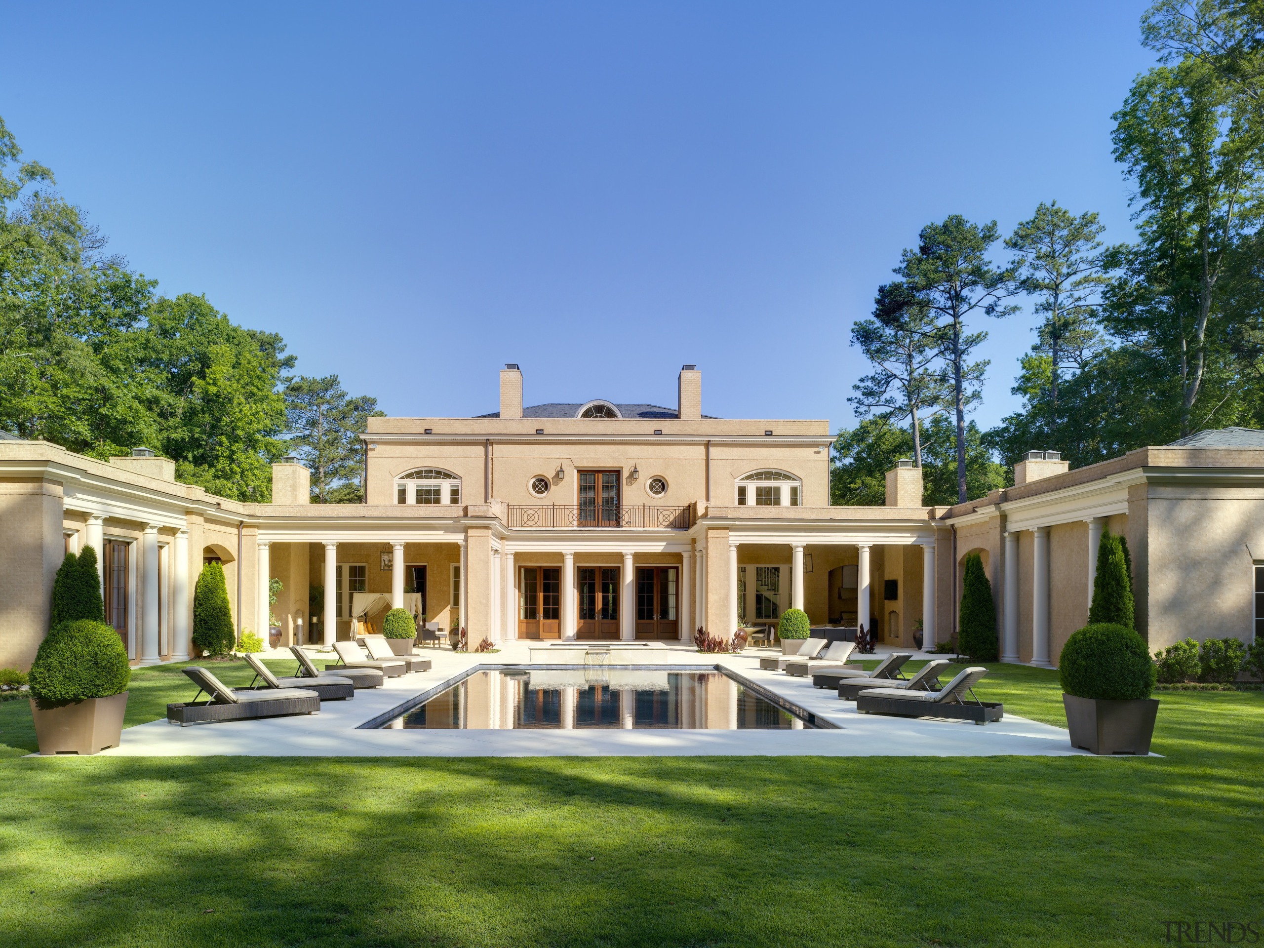 Exterior view of a Regency-styled home. - Exterior building, classical architecture, courtyard, elevation, estate, facade, historic house, home, house, landscaping, mansion, official residence, plantation, property, real estate, residential area, villa, teal, green