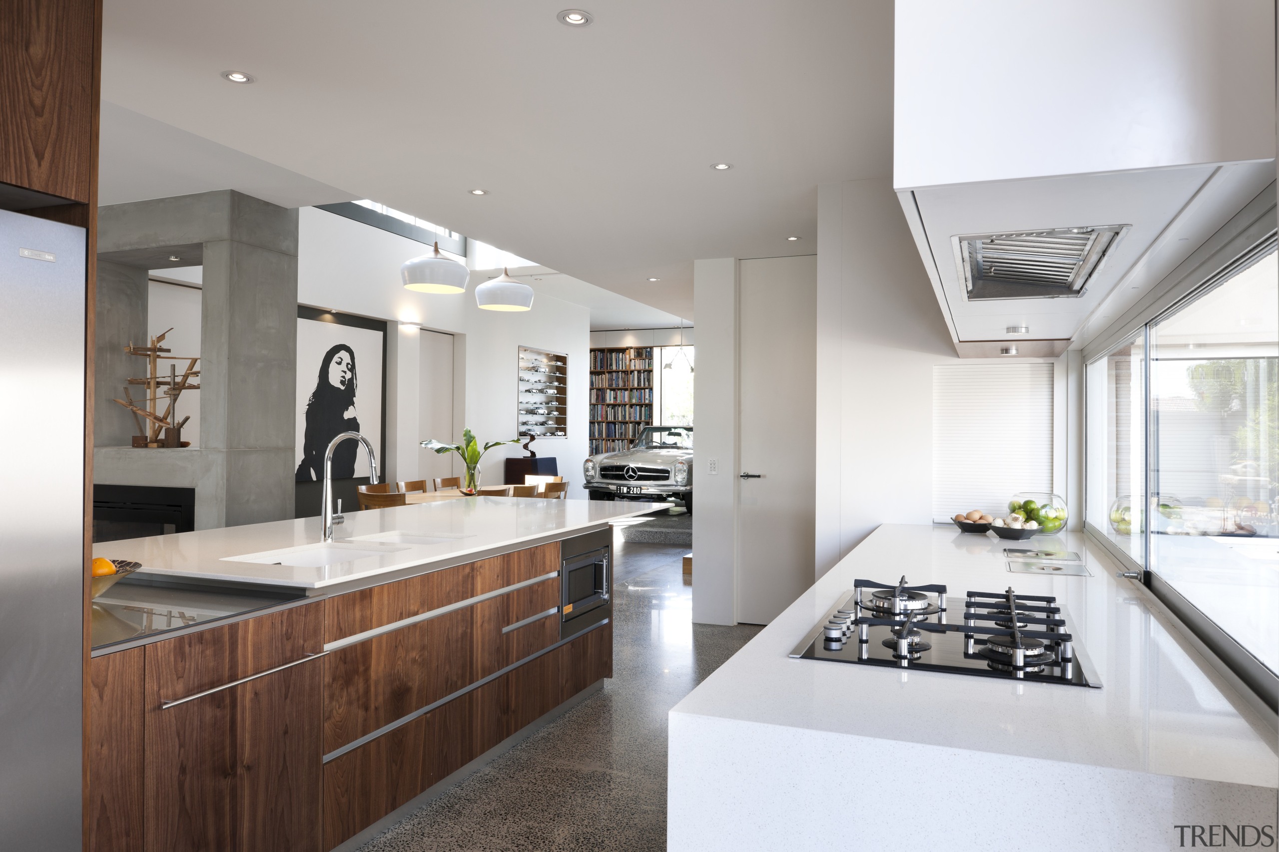 This contemporary kitchen by architect-owner Taras Wolf features architecture, countertop, cuisine classique, interior design, interior designer, kitchen, real estate, gray, white