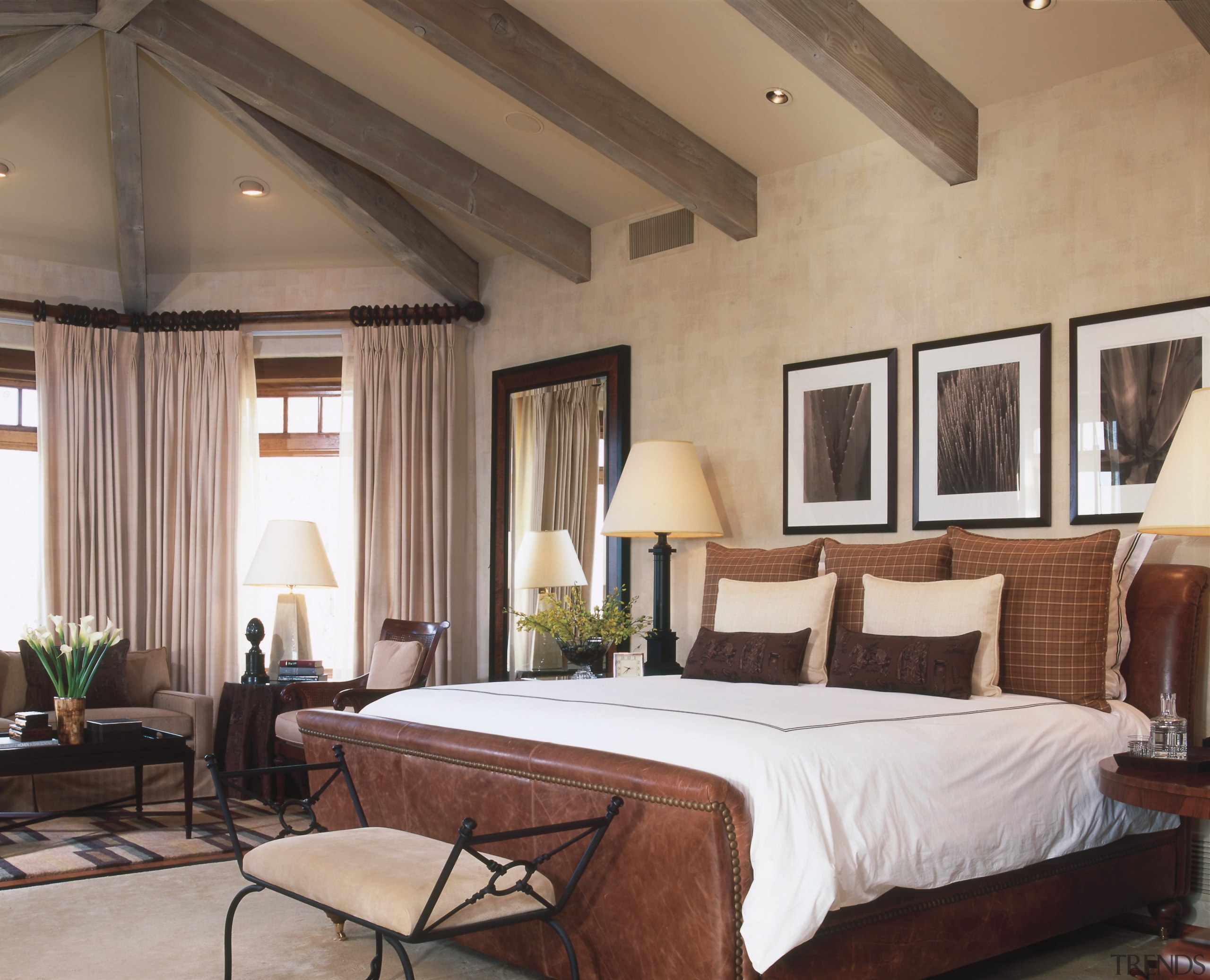 A view of the master bedroom, carpet flooring, bed frame, bedroom, ceiling, estate, furniture, interior design, room, suite, brown, gray