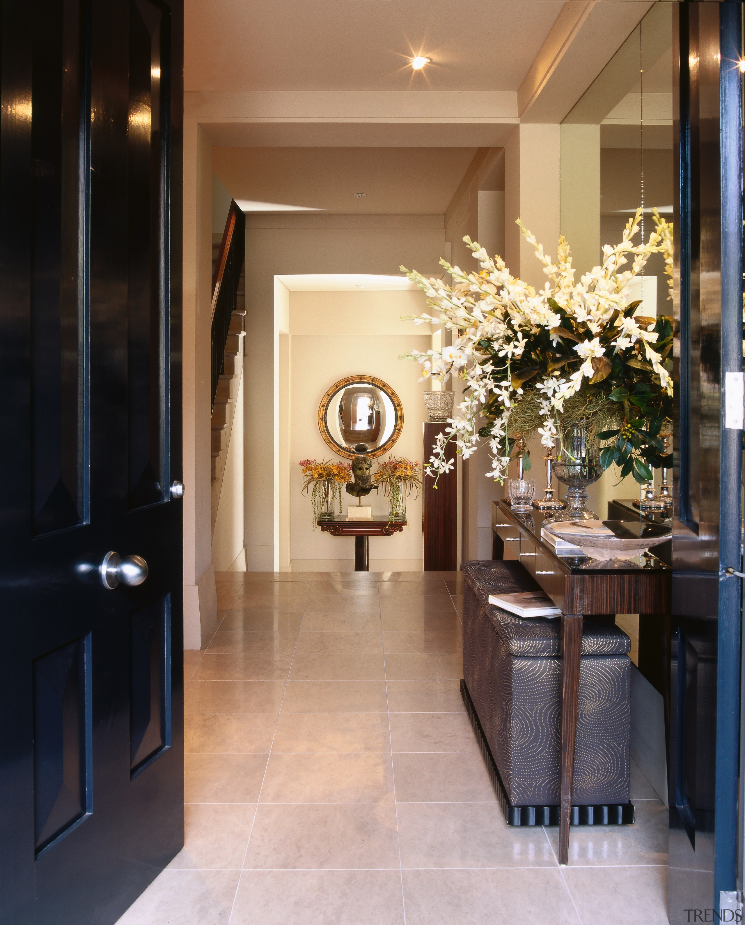 View of this classic entrance way - View ceiling, floor, flooring, home, interior design, lobby, room, black