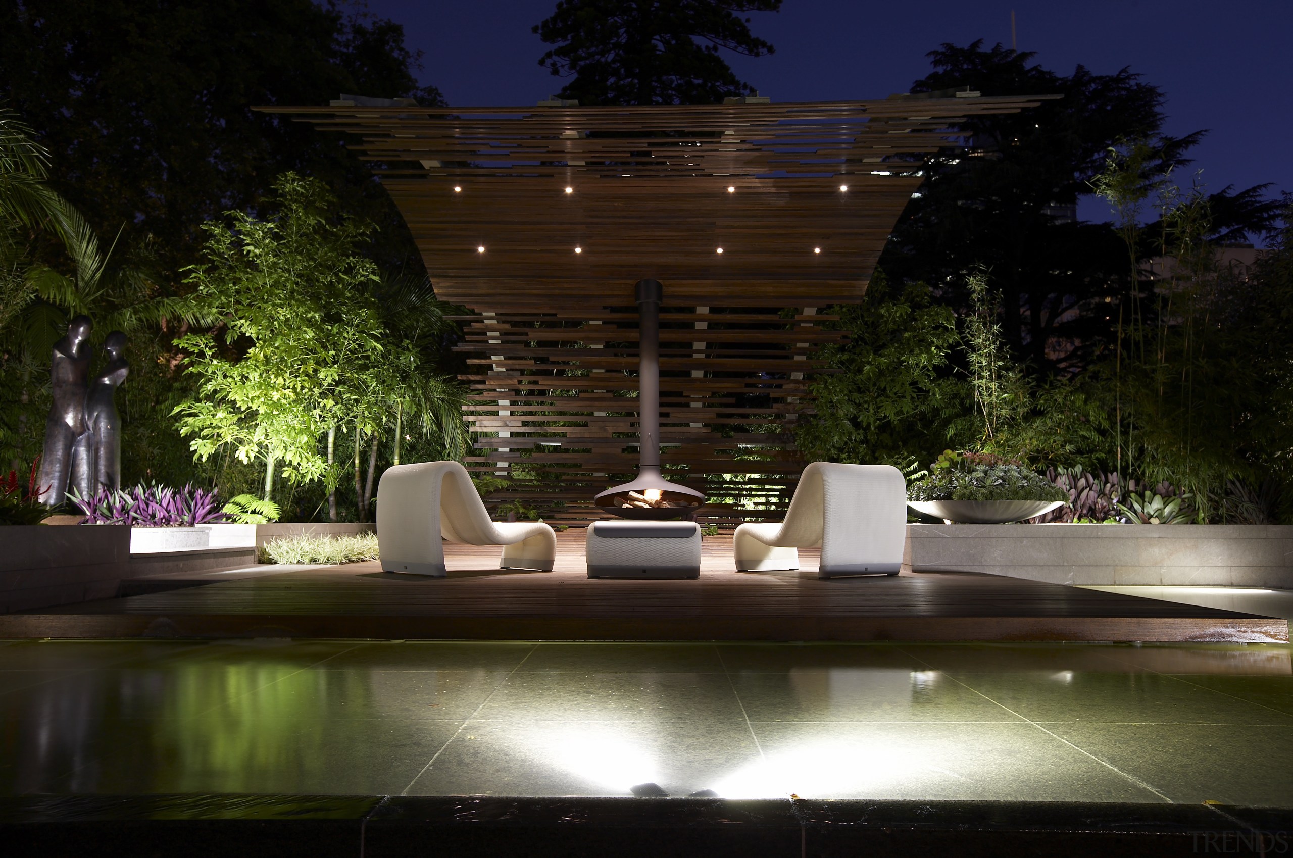 View of "Reflections" a landscape by Designer Dean architecture, landscape lighting, lighting, night, reflection, water, water feature, black, brown