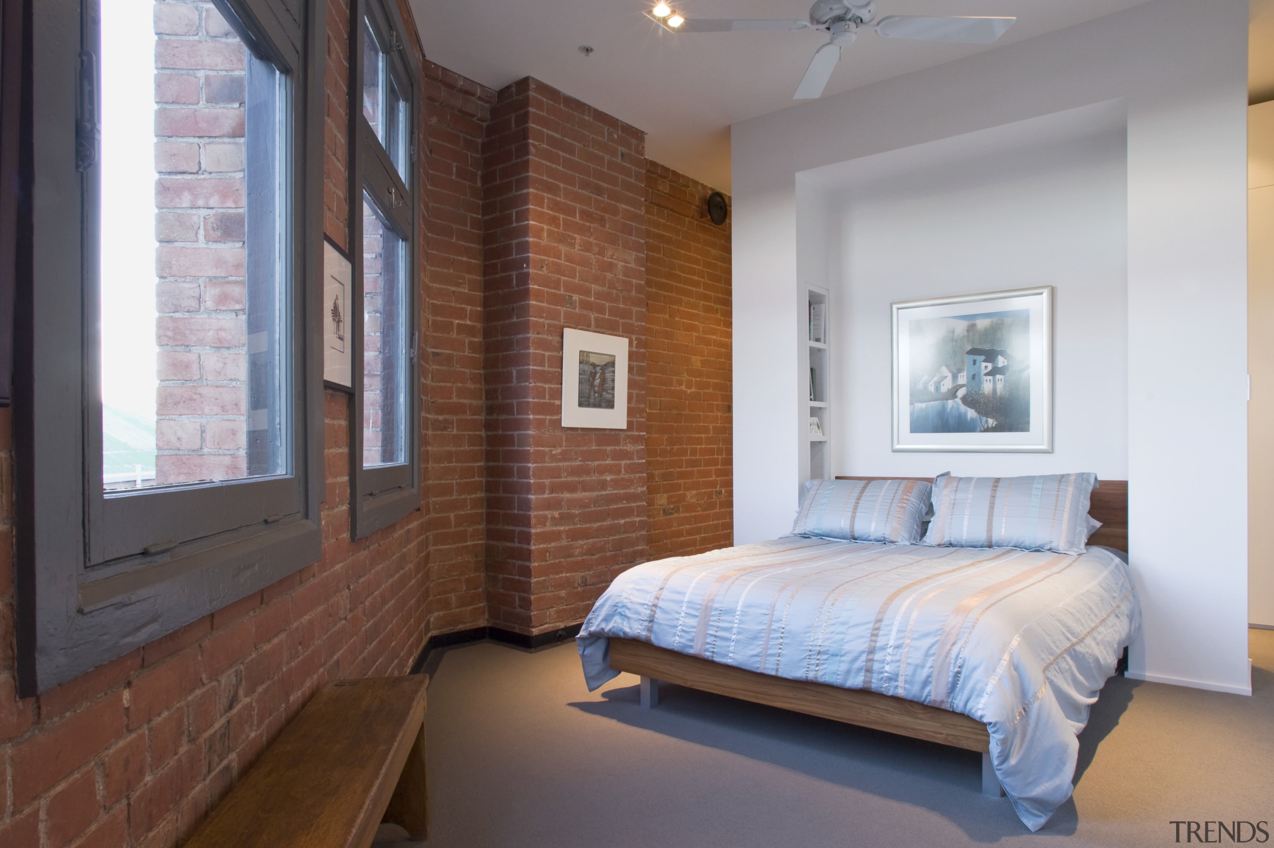 View of the master suite. The renovator exposed bed frame, bedroom, ceiling, estate, floor, home, interior design, real estate, room, wall, window, wood, gray