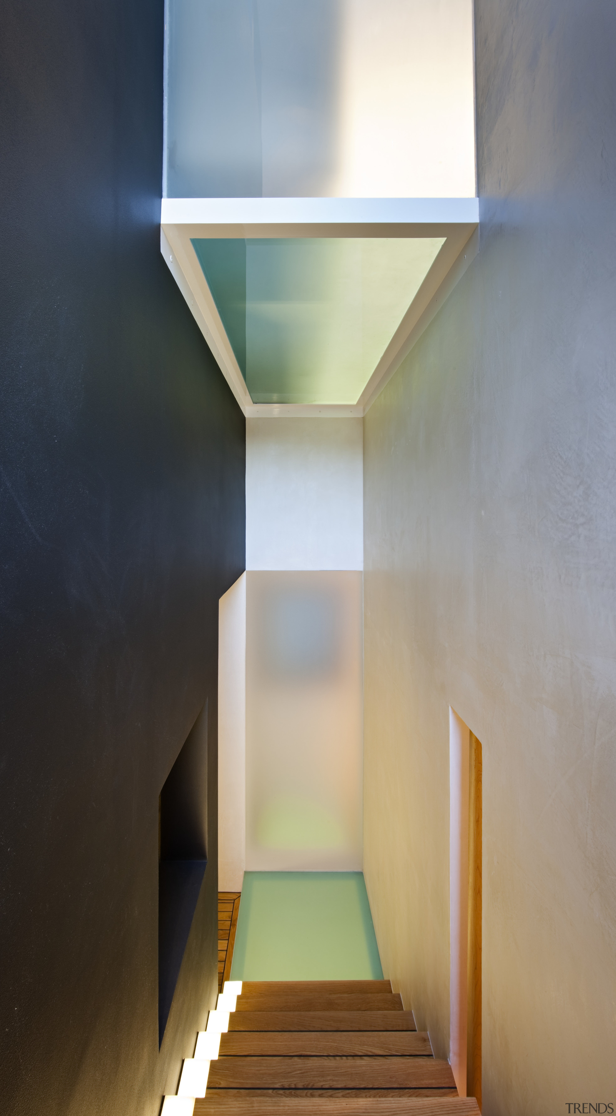 View of a stairway which features clay-based plastered angle, architecture, ceiling, daylighting, house, interior design, light, light fixture, lighting, product design, gray, black