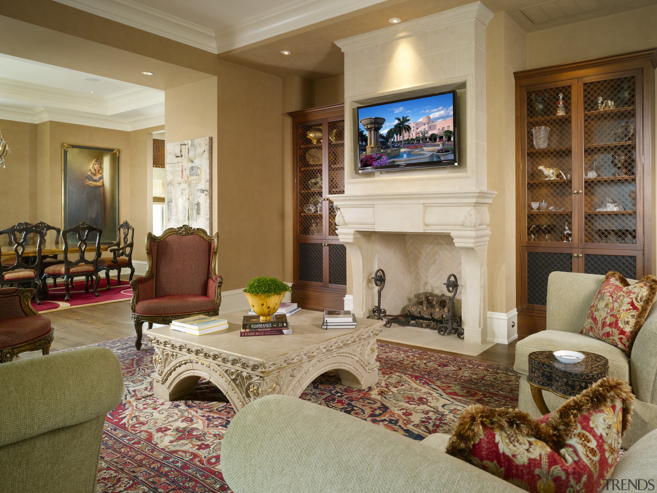 View of the living room featuring floor length estate, hearth, home, interior design, living room, property, real estate, room, brown, orange