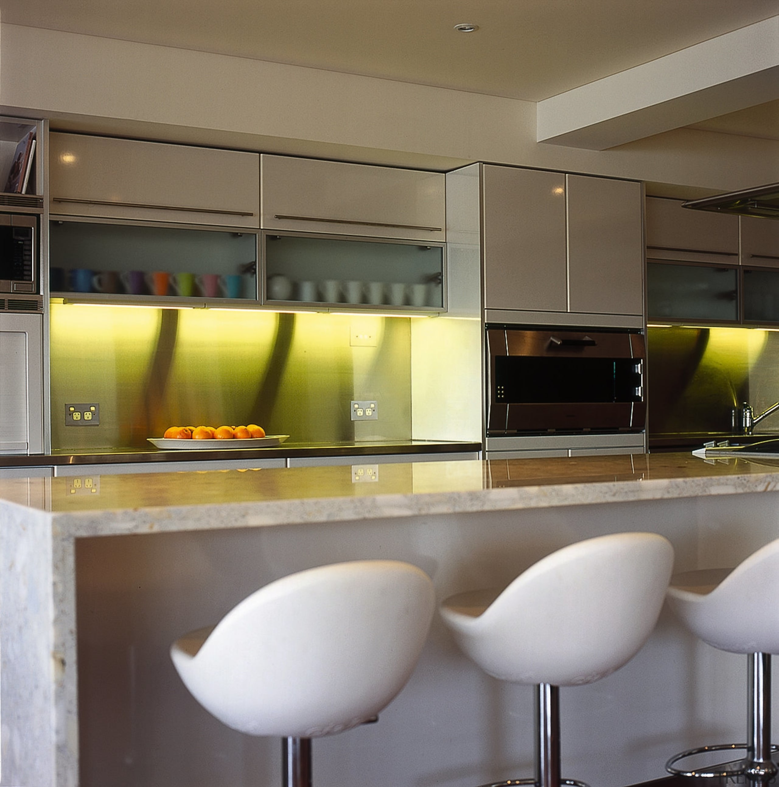 A view of the kitchen with its sleek countertop, interior design, kitchen, gray, brown