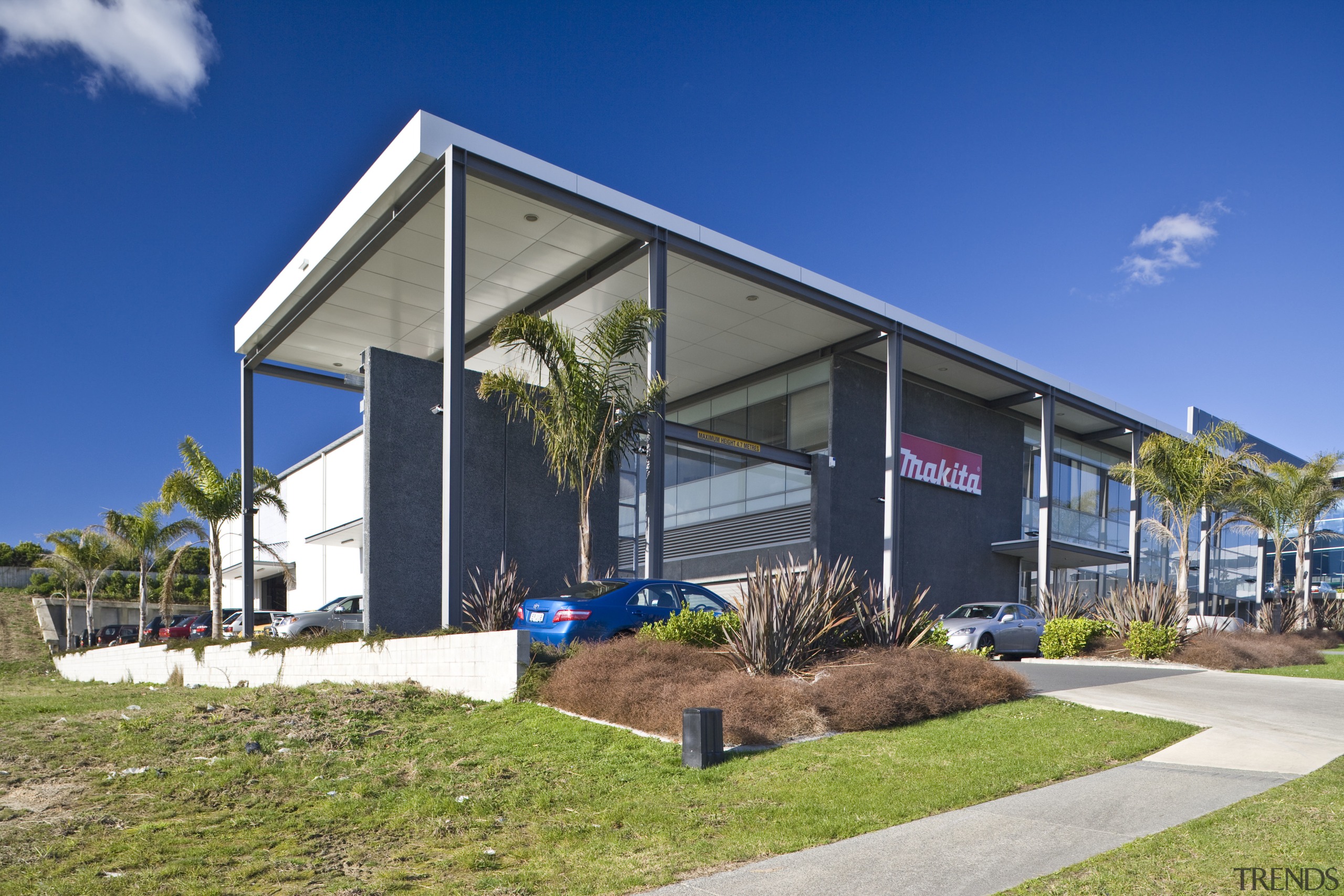 external view (Makita) of inteplex@albany developed by northbridge architecture, corporate headquarters, elevation, facade, home, house, property, real estate, blue